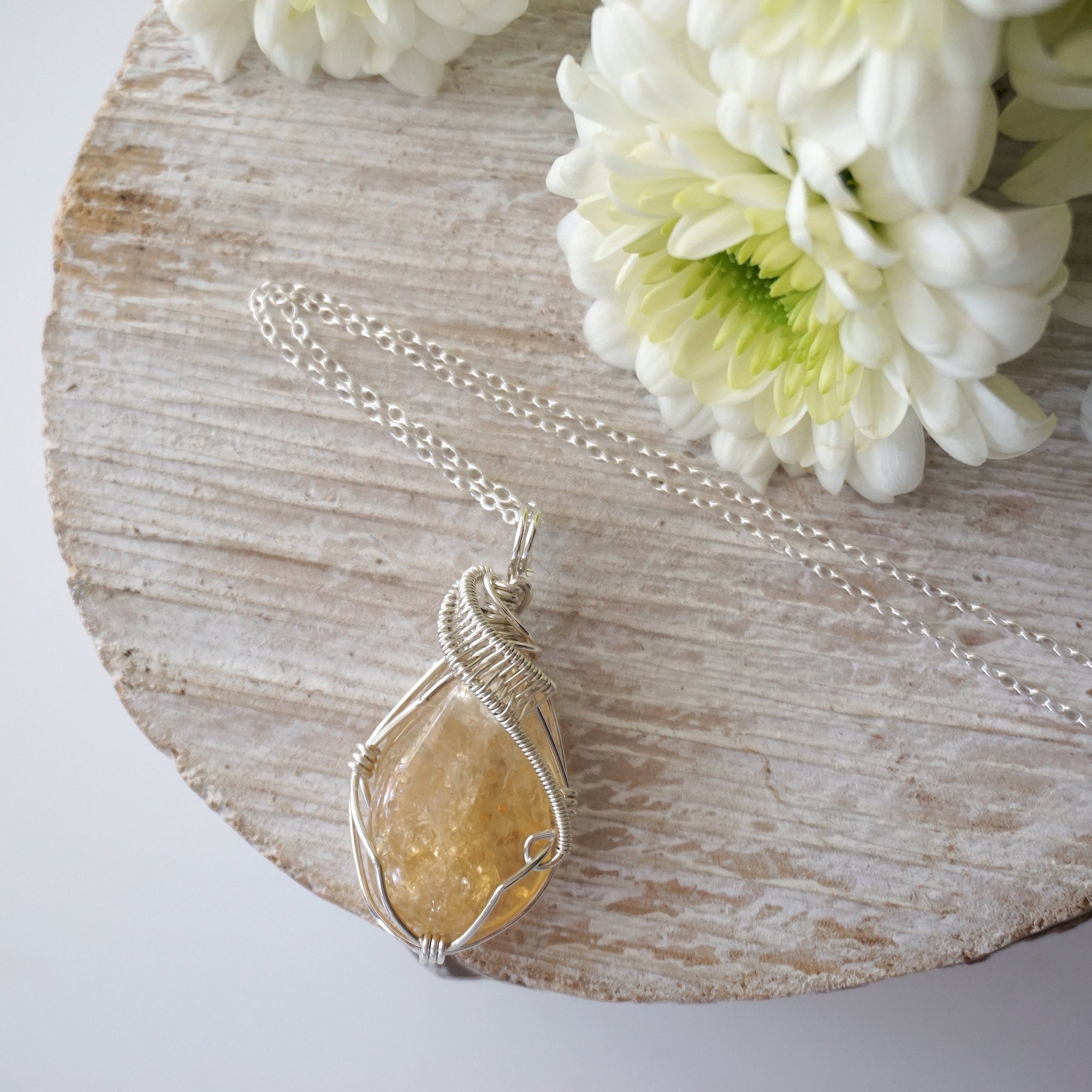Wire wrapped citrine necklace on sterling silver chain November birthstone pendant for women handmade by Designs by Nature Gems
