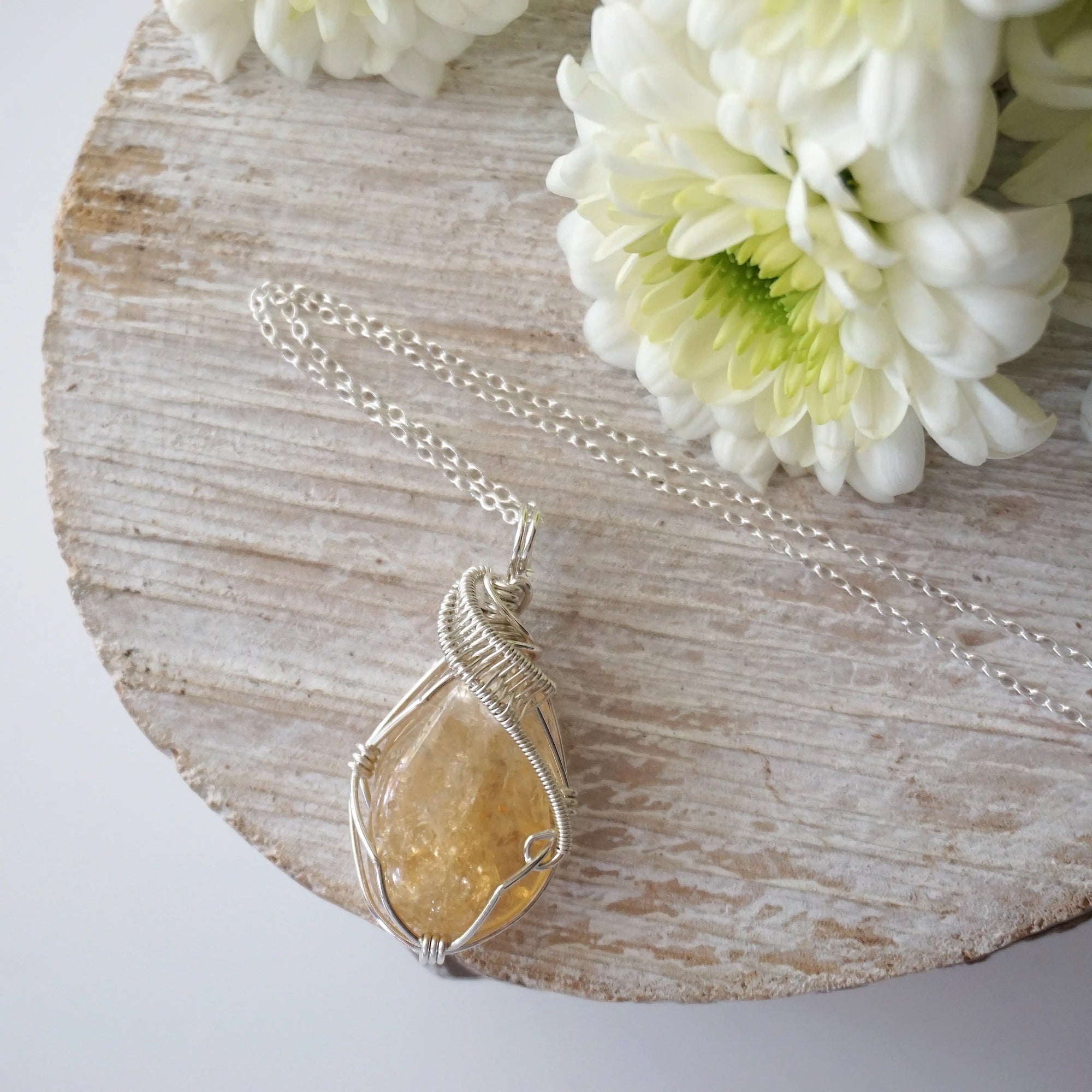 Wire wrapped citrine necklace on sterling silver chain November birthstone pendant for women handmade by Designs by Nature Gems
