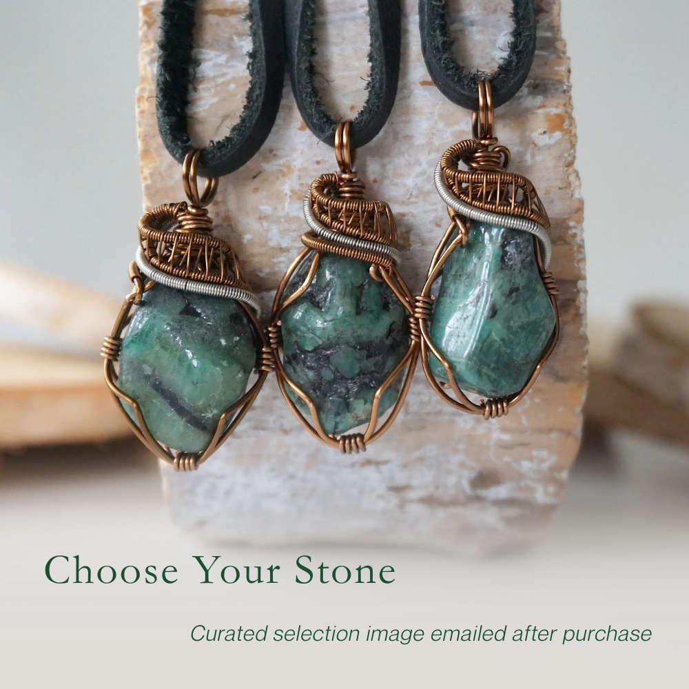 Three raw emerald pendants for men – showing natural variation in size, shape, and green shade, black leather cord.