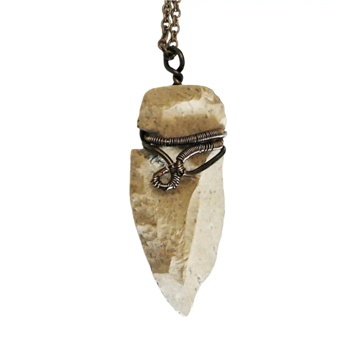 Handcrafted flint arrowhead necklace for men, front view – artisan antique bronze copper wire wrapping, natural stone pendant, minimalist design.