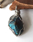 Back view of handcrafted peacock ore pendant for women – natural stone and detailed wire wrapping, Capricorn and Cancer birthstone.