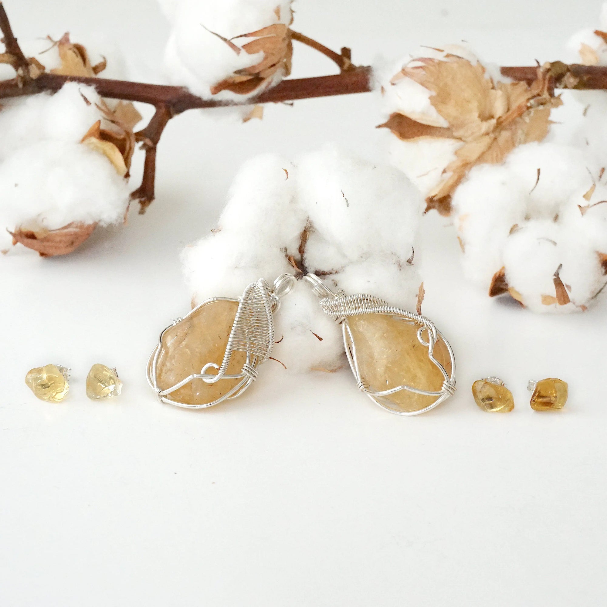 Two citrine necklace and earrings sets showing natural stone variation and size options - November birthstone jewelry gifts
