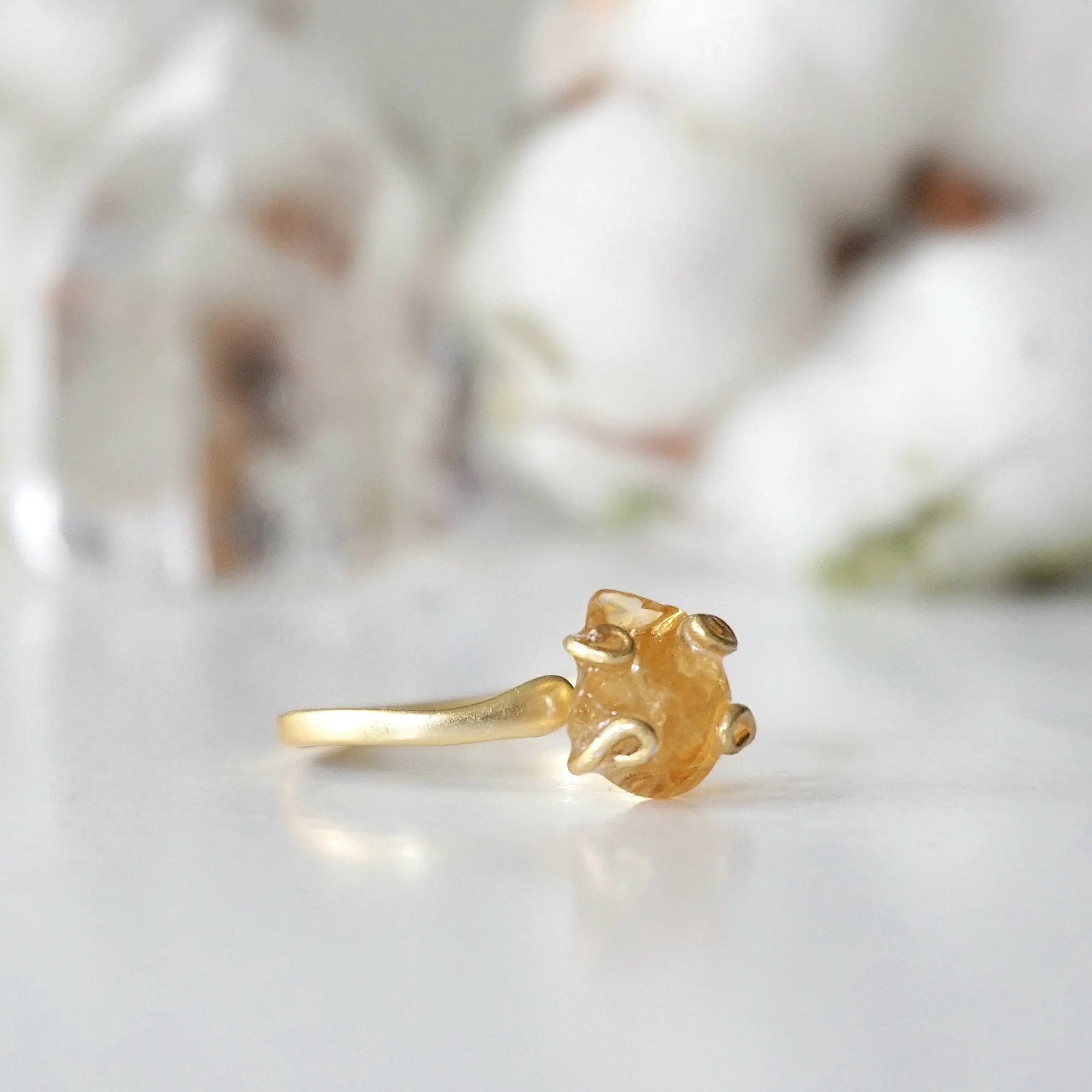 Adjustable citrine ring 14k gold vermeil angle view - natural crystal wire wrapped handmade ring for women showing adjustable band November birthstone