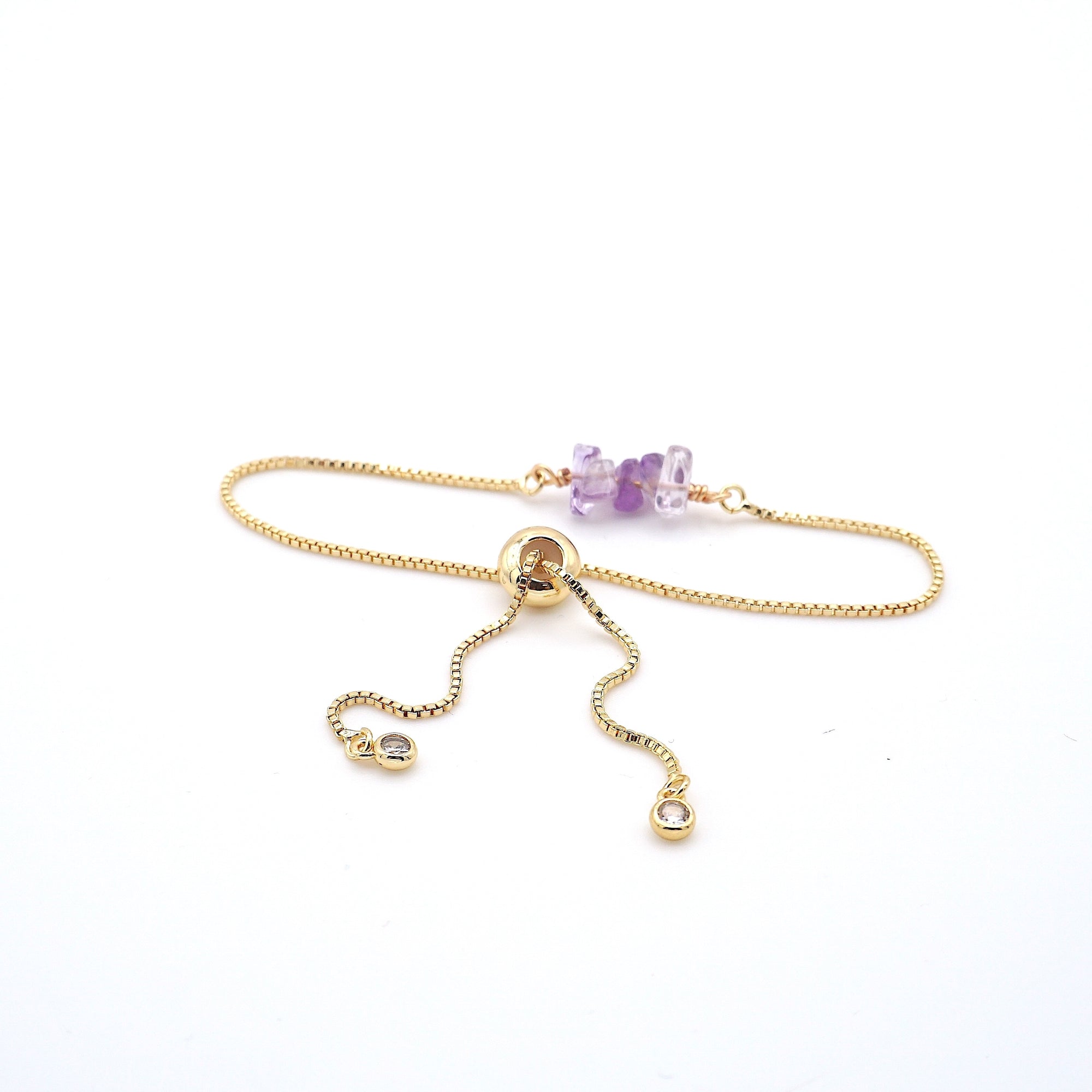 Gold plated brass slider closure on adjustable amethyst bracelet showing easy fit mechanism - handcrafted birthstone jewelry