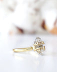 Side angle detail of adjustable raw Herkimer diamond ring in 14k gold vermeil artisan setting.