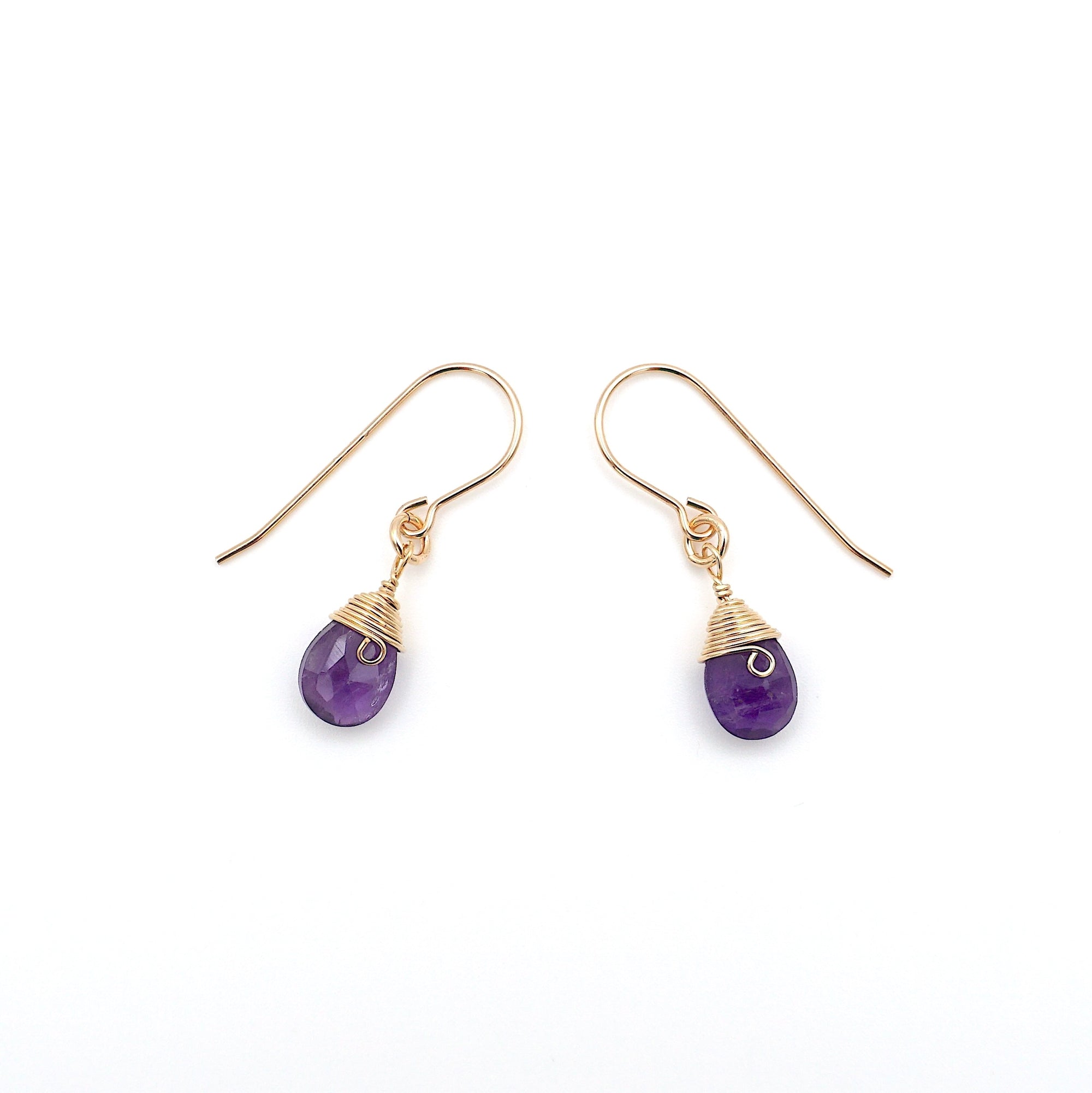 Side angle of amethyst drop earrings, minimalist artisan wire wrapping, 14k gold filled