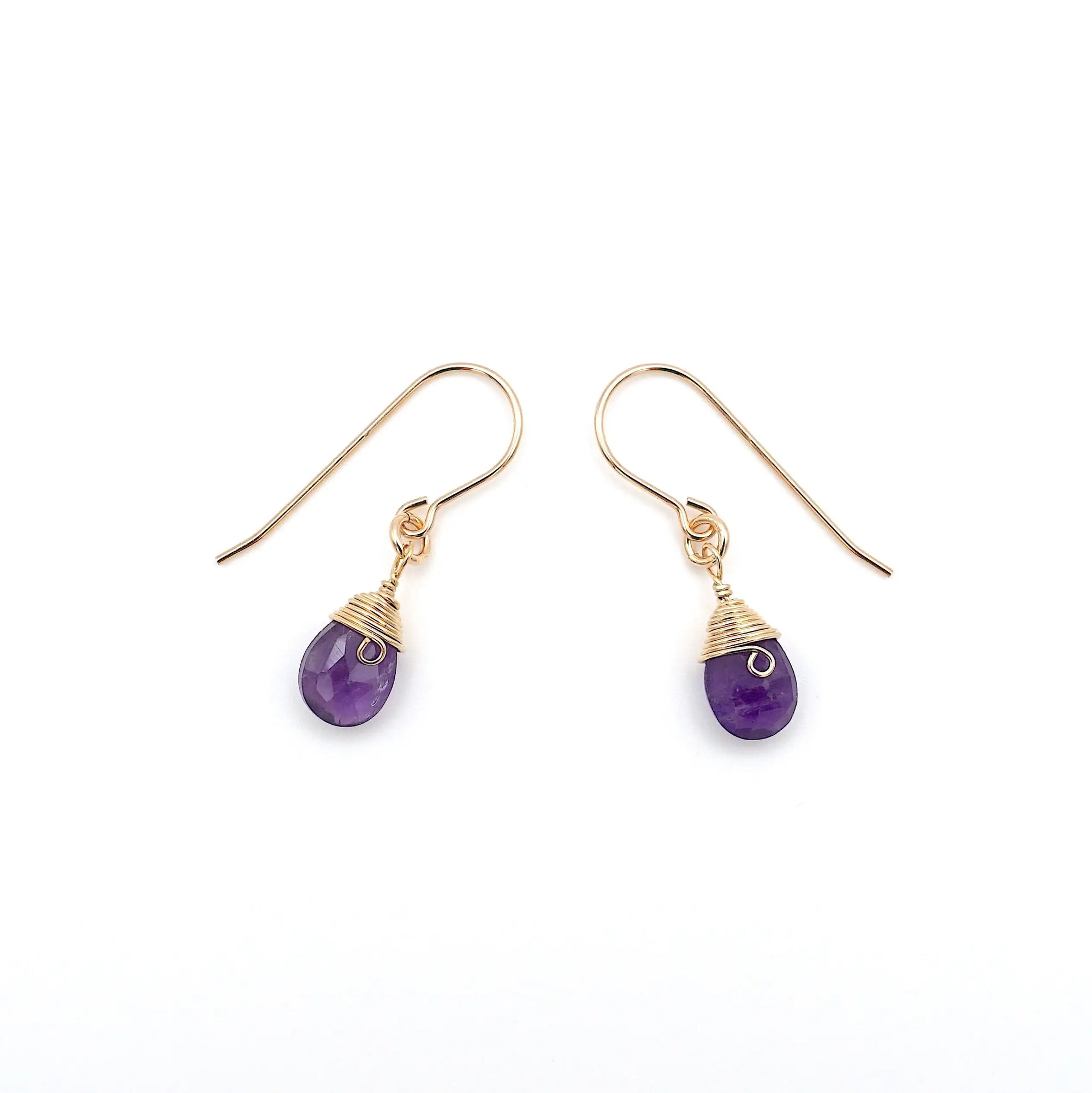 Side angle of amethyst drop earrings, minimalist artisan wire wrapping, 14k gold filled