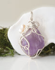 Back detail of silver wire wrapped amethyst and freshwater pearl pendant necklace, handcrafted gemstone jewelry