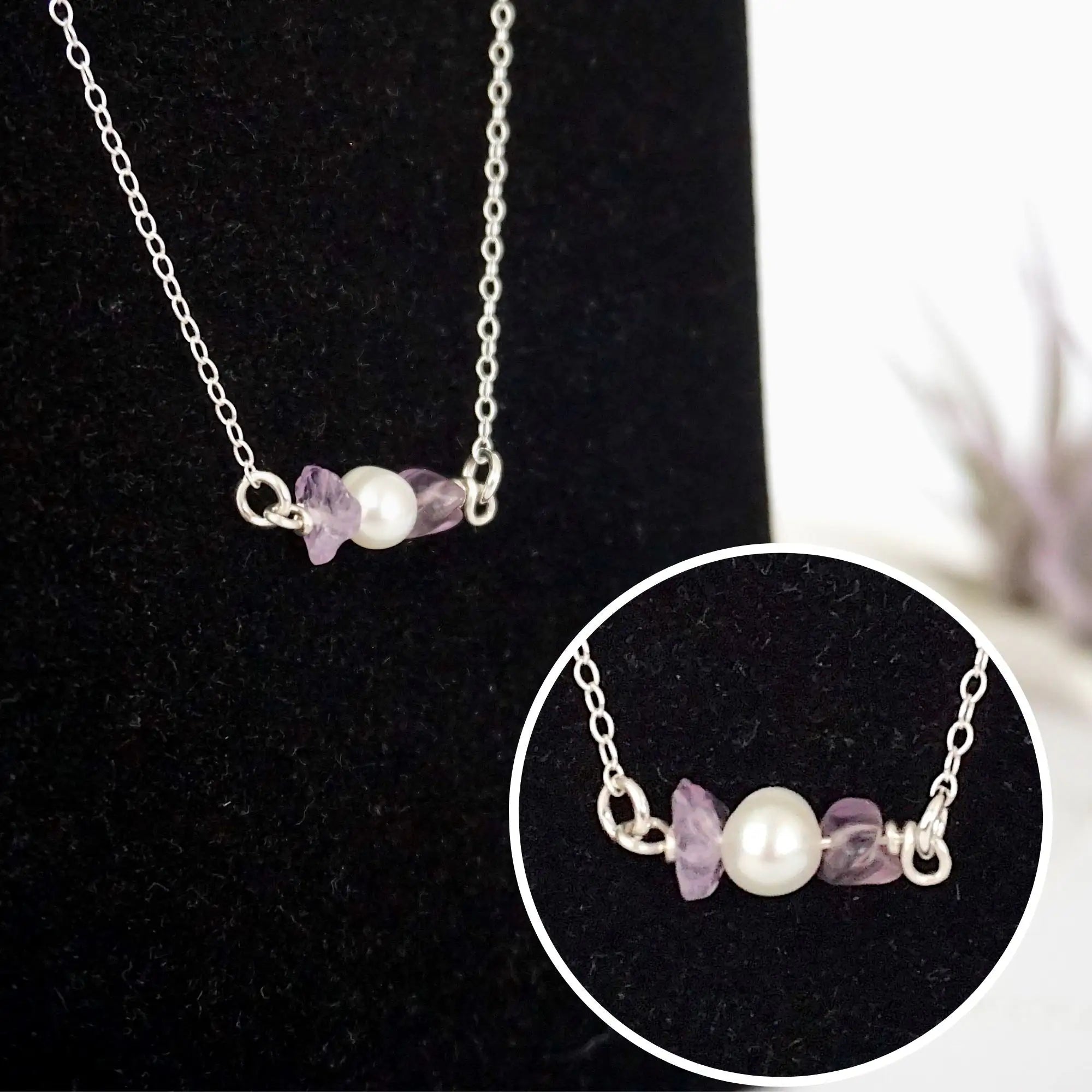 Close-up of raw amethyst stones and freshwater pearl bar on 925 sterling silver necklace