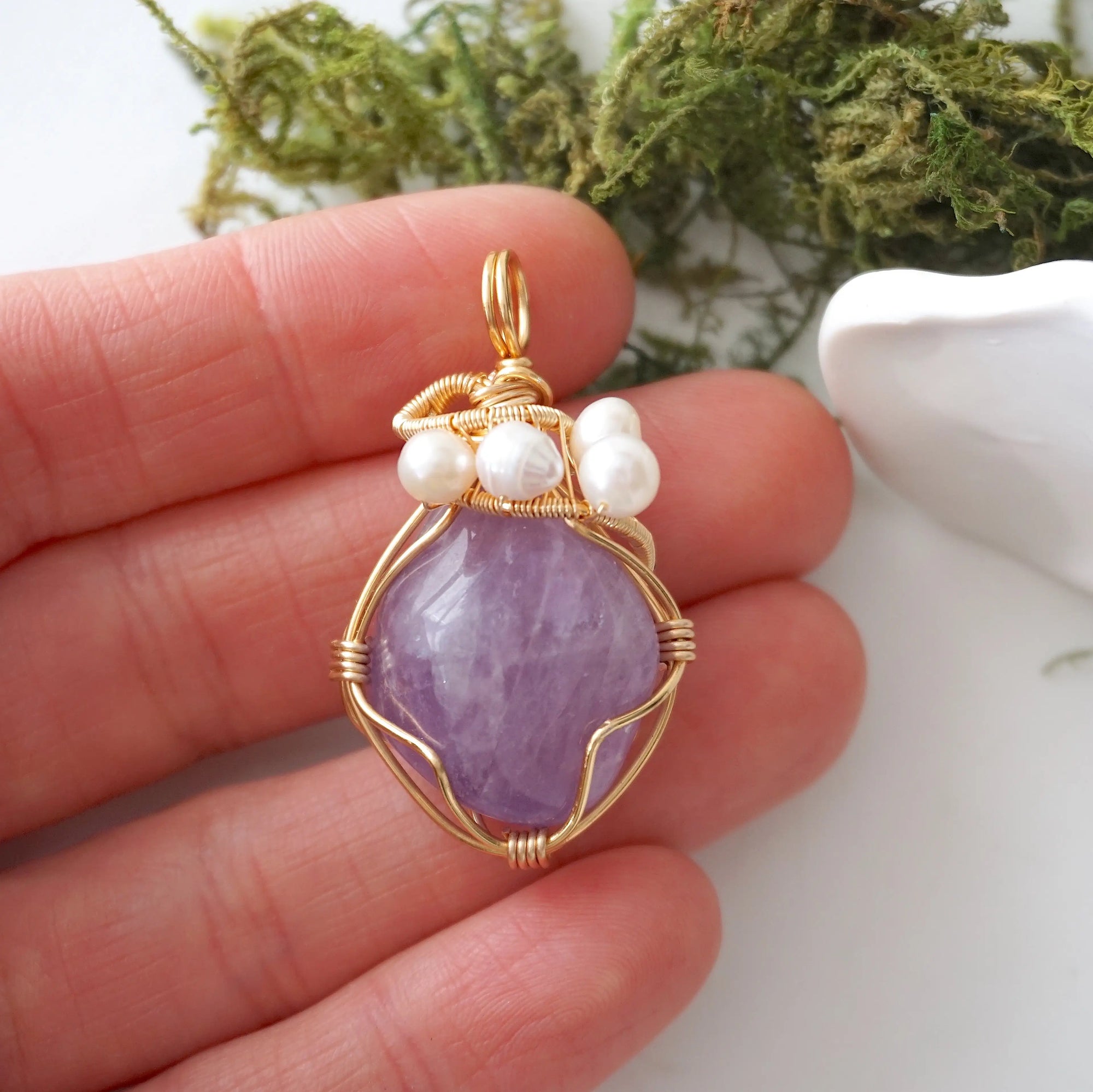Amethyst and freshwater pearl necklace pendant in hand for size reference, artisan birthstone jewelry gift for her