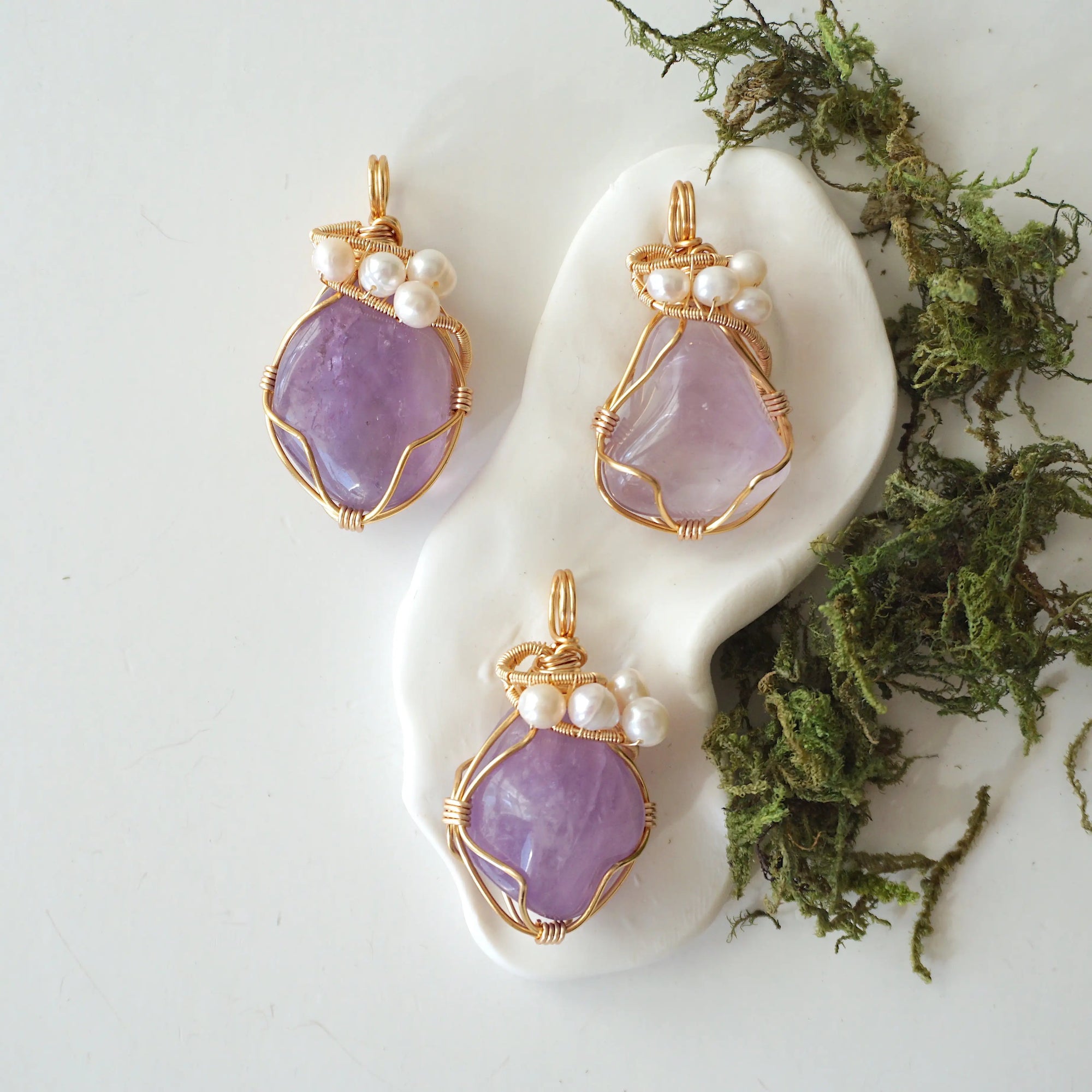 Three different amethyst and freshwater pearl pendants, natural stone variation reference, handmade jewelry