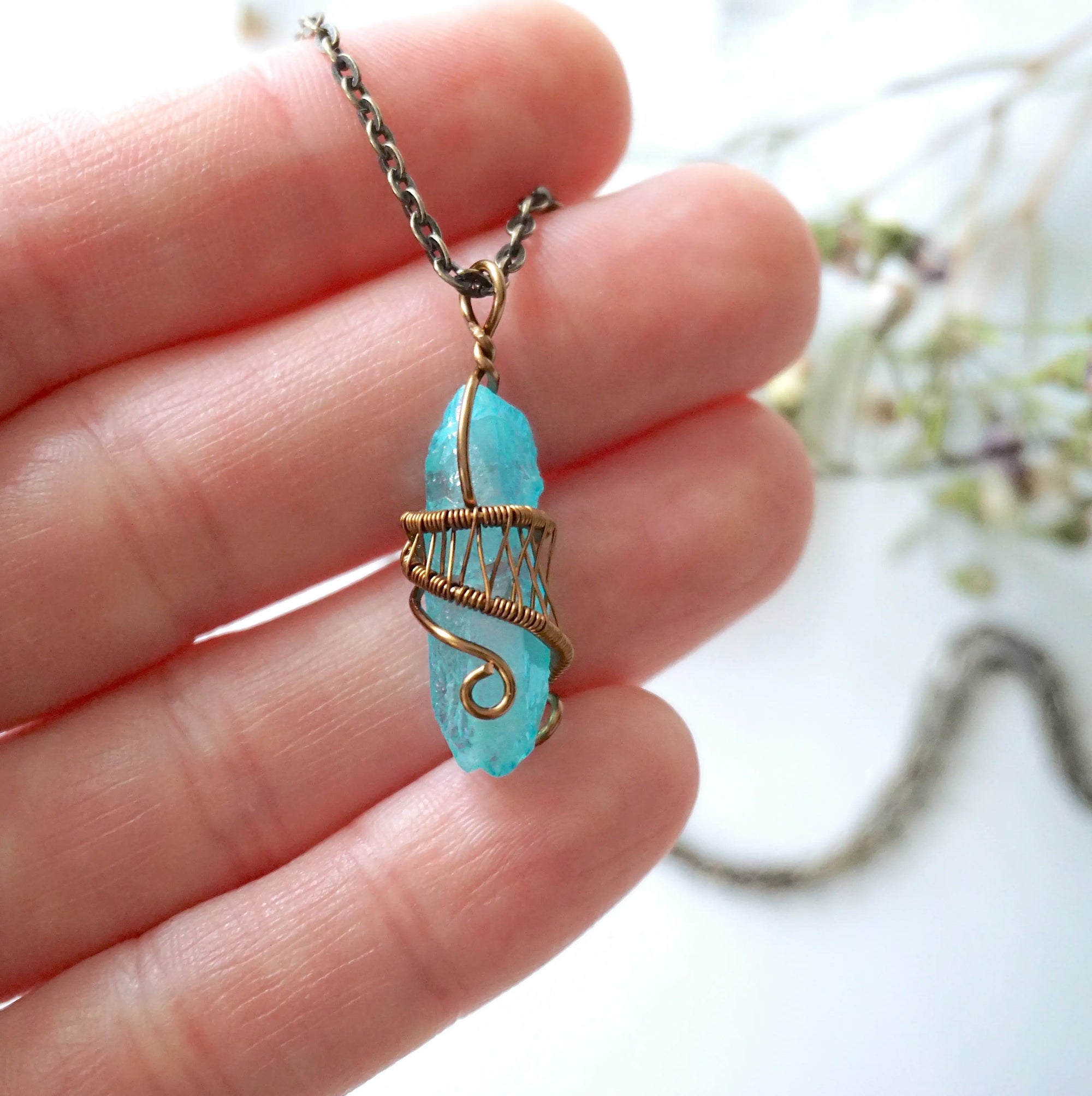 Aqua Aura Quartz Rock Crystal Point Necklace - Antique Bronze DesignsbyNatureGems