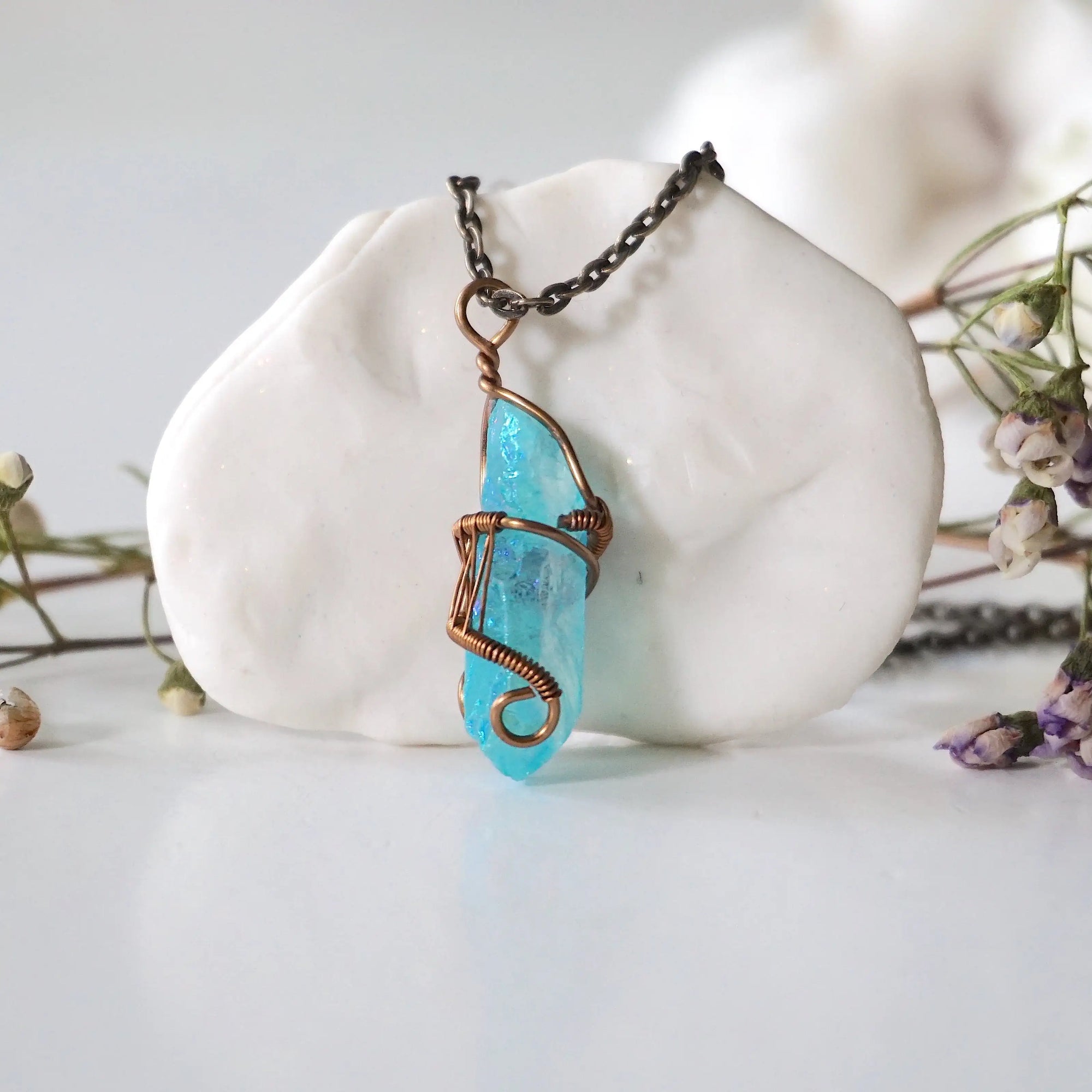 Aqua Aura Quartz Rock Crystal Point Necklace - Antique Bronze DesignsbyNatureGems