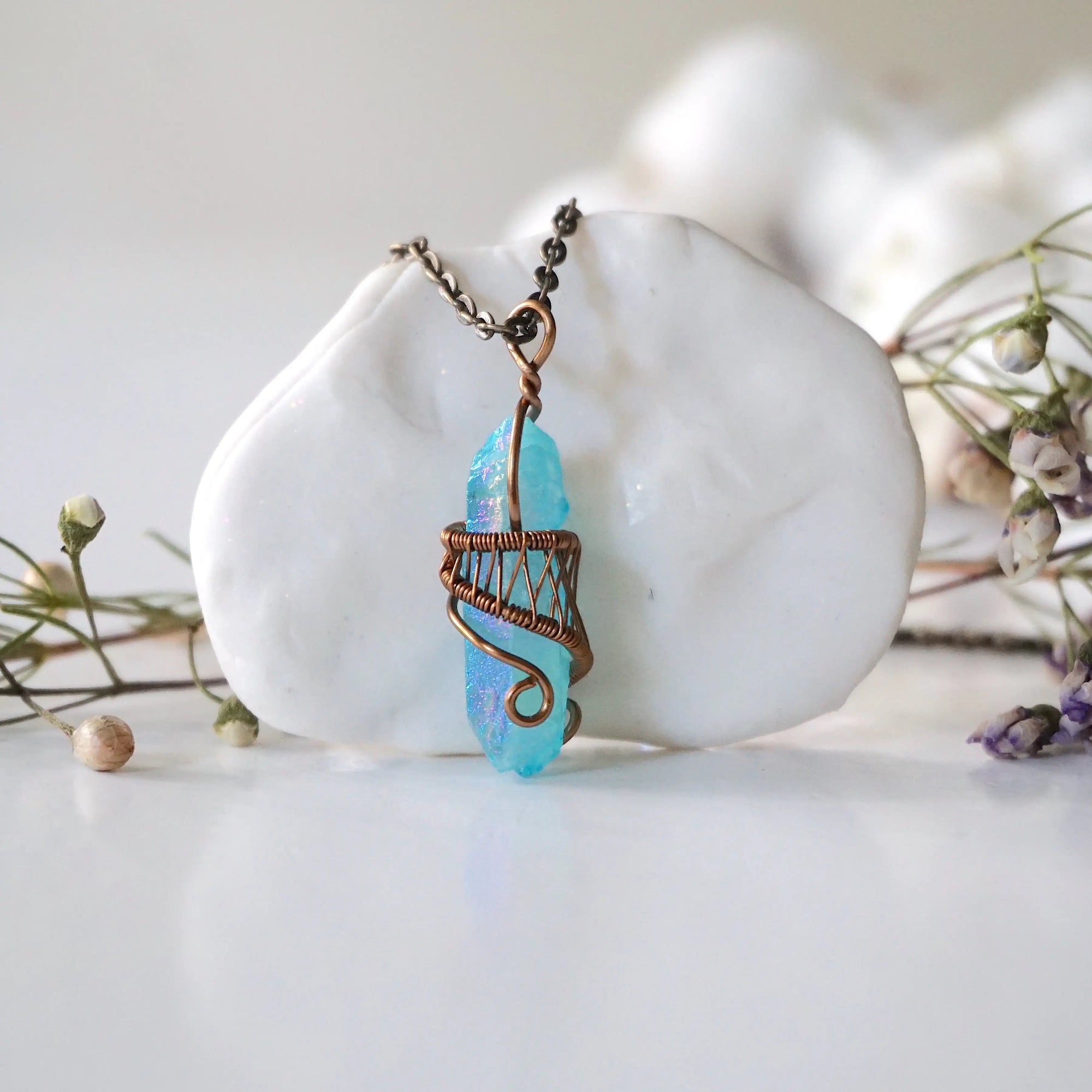 Aqua Aura Quartz Rock Crystal Point Necklace - Antique Bronze DesignsbyNatureGems