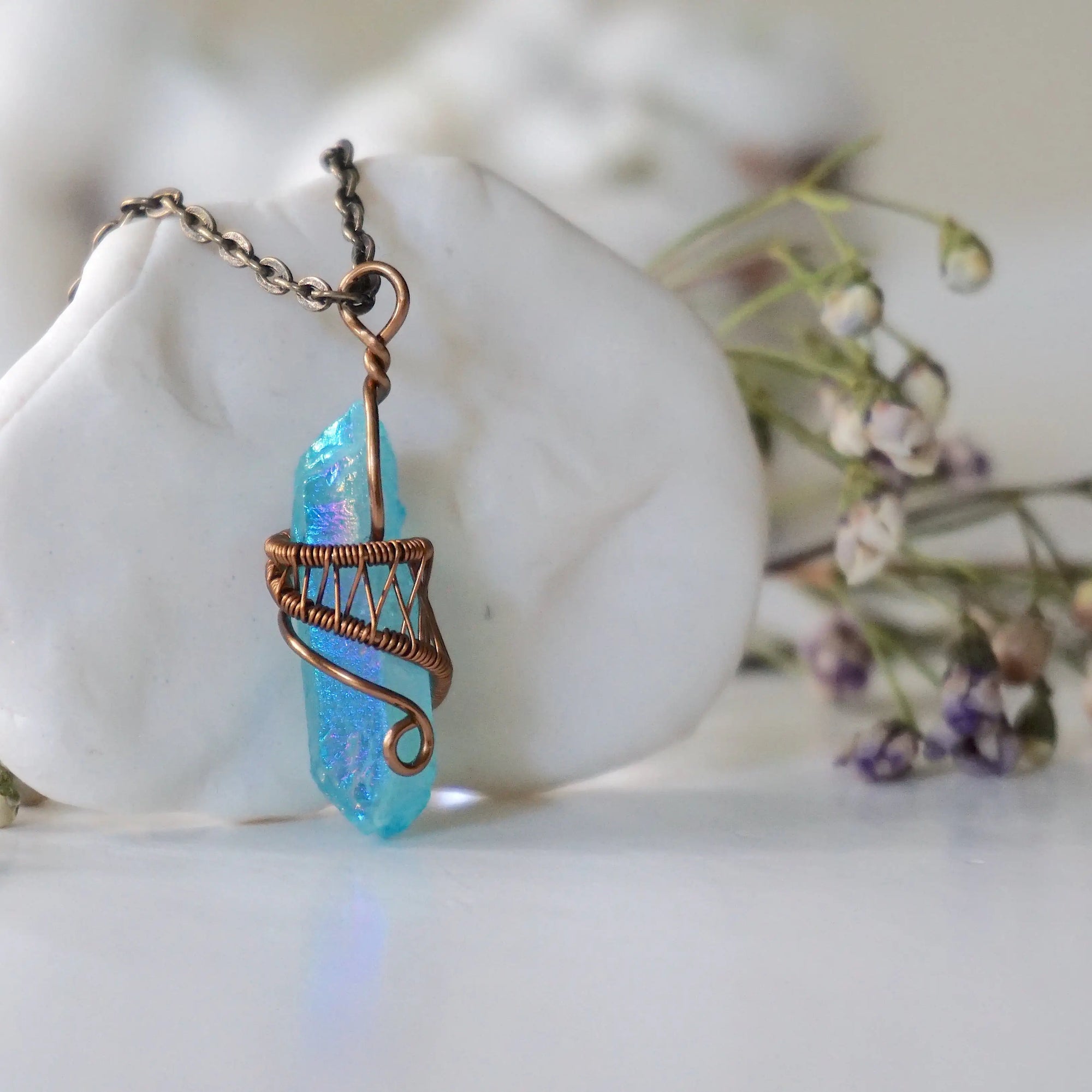 Aqua Aura Quartz Rock Crystal Point Necklace - Antique Bronze DesignsbyNatureGems