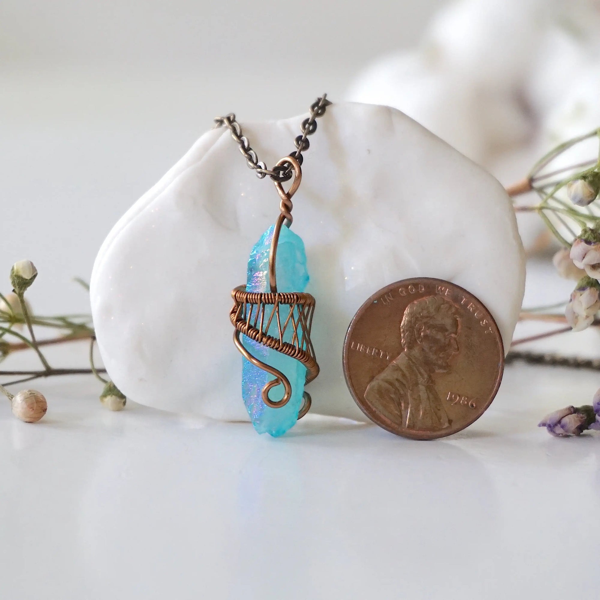 Aqua Aura Quartz Rock Crystal Point Necklace - Antique Bronze DesignsbyNatureGems