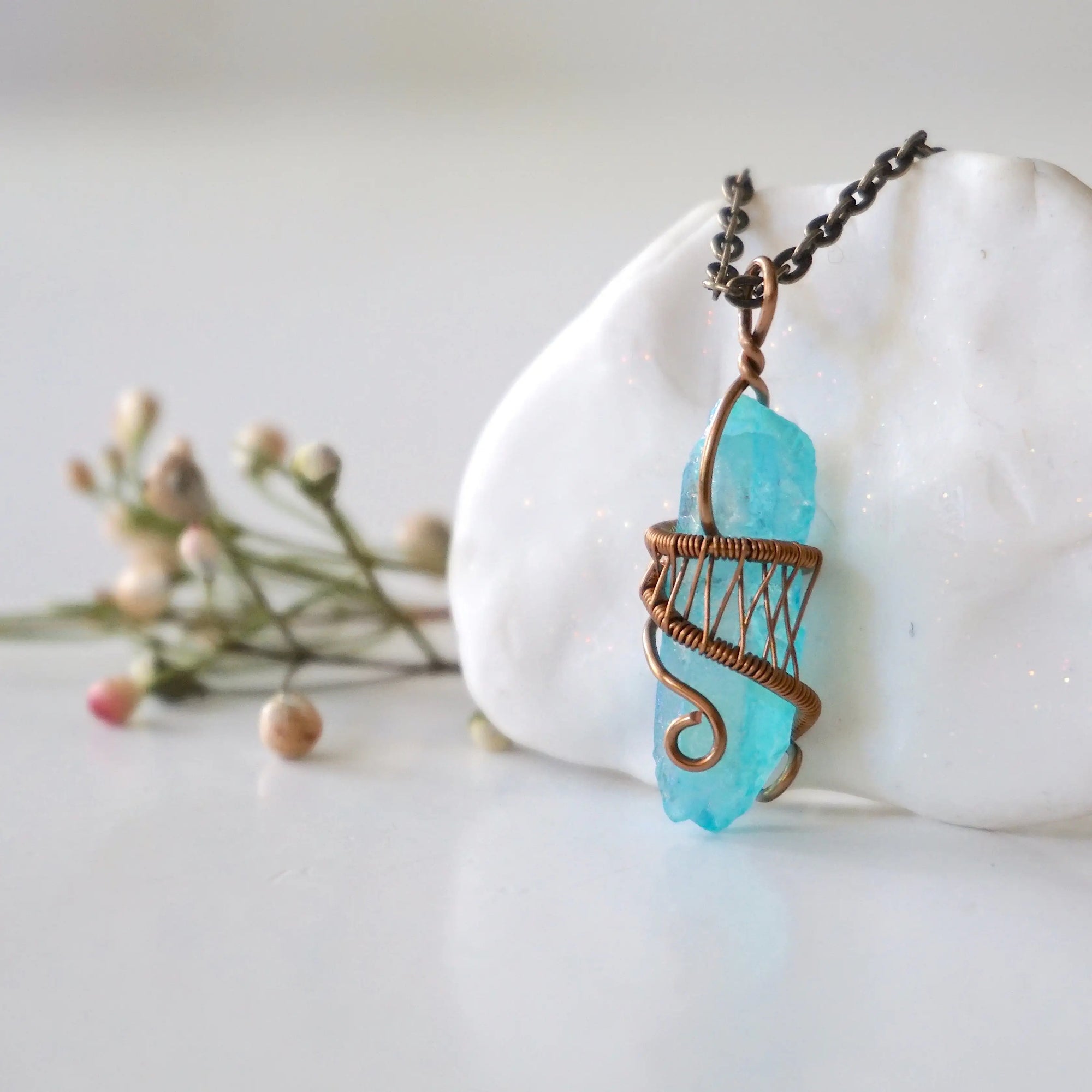 Aqua Aura Quartz Rock Crystal Point Necklace - Antique Bronze DesignsbyNatureGems