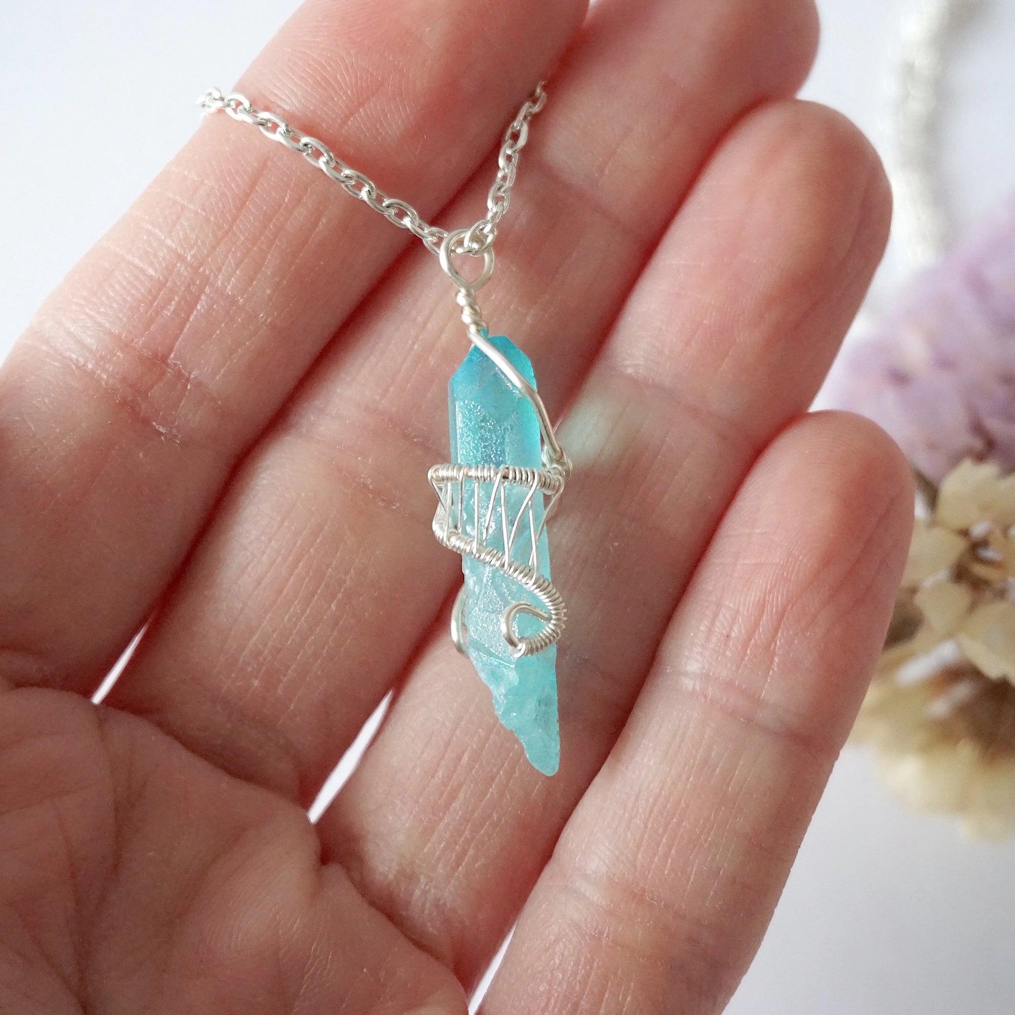 Aqua Aura Quartz Rock Crystal Point Necklace - Bright Silver DesignsbyNatureGems