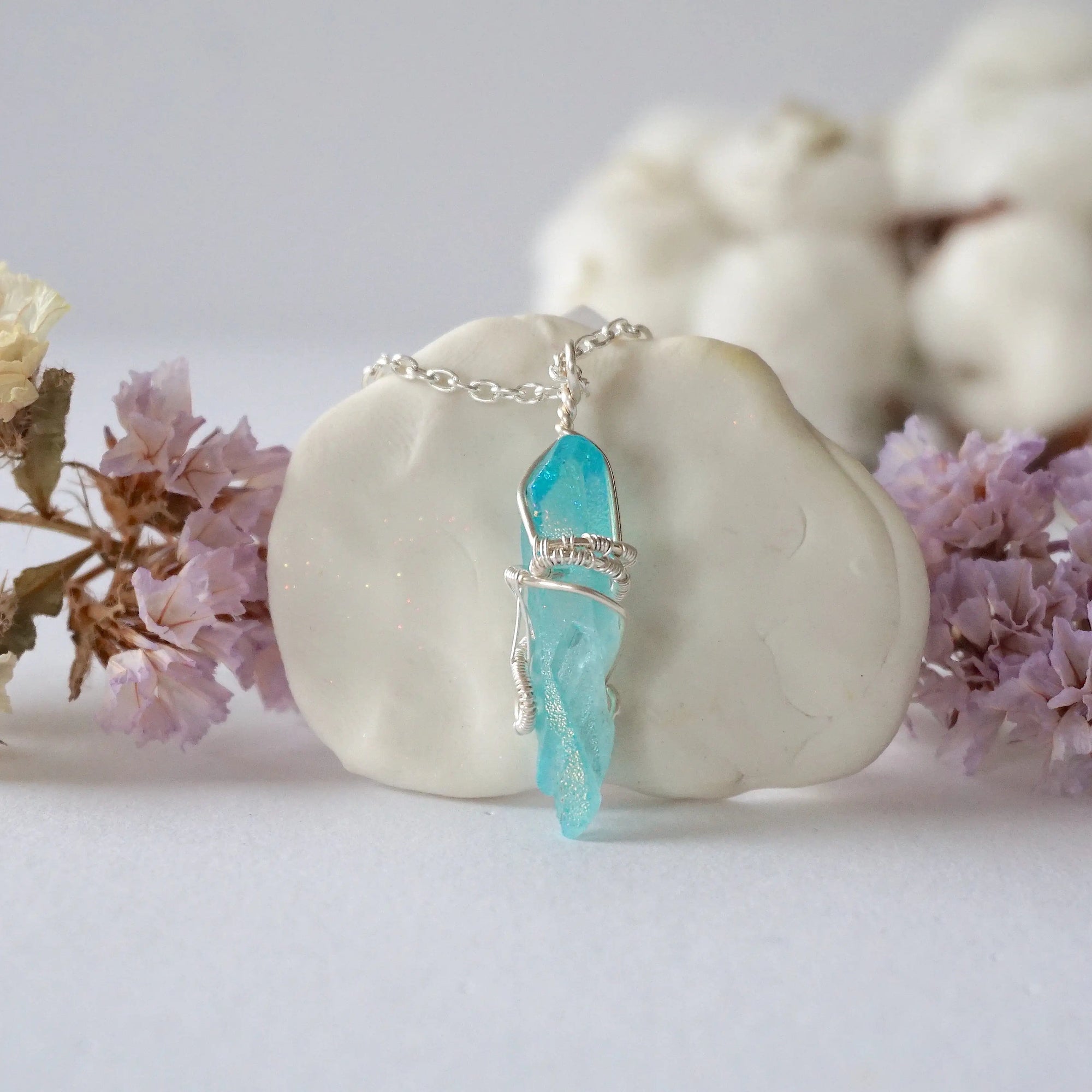 Aqua Aura Quartz Rock Crystal Point Necklace - Bright Silver DesignsbyNatureGems