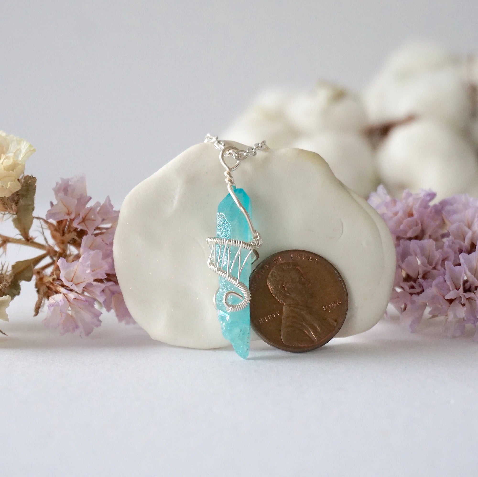 Aqua Aura Quartz Rock Crystal Point Necklace - Bright Silver DesignsbyNatureGems