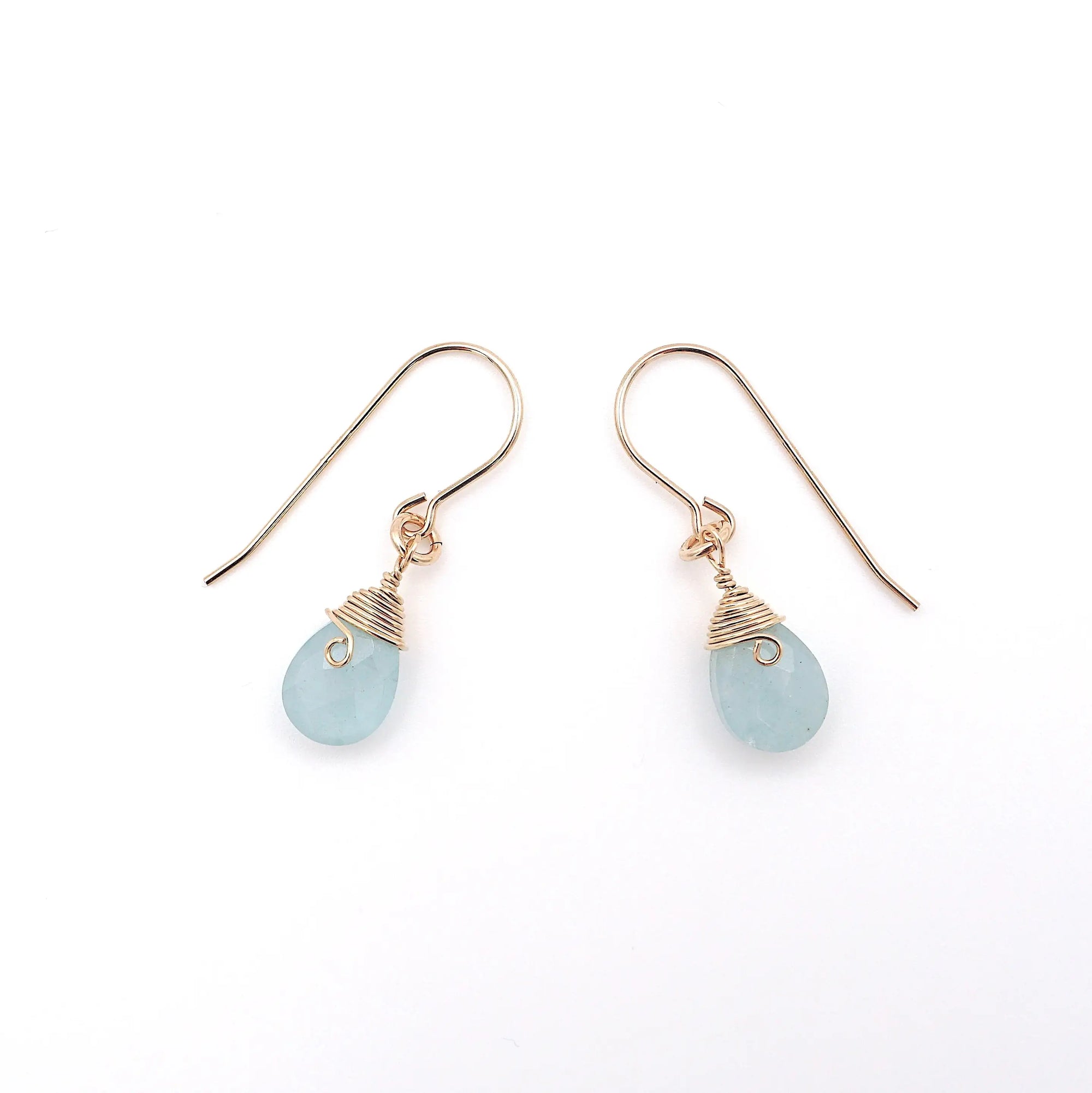 Another angle of aquamarine drop earrings, genuine faceted aquamarine, 14k gold filled, minimalist artisan design