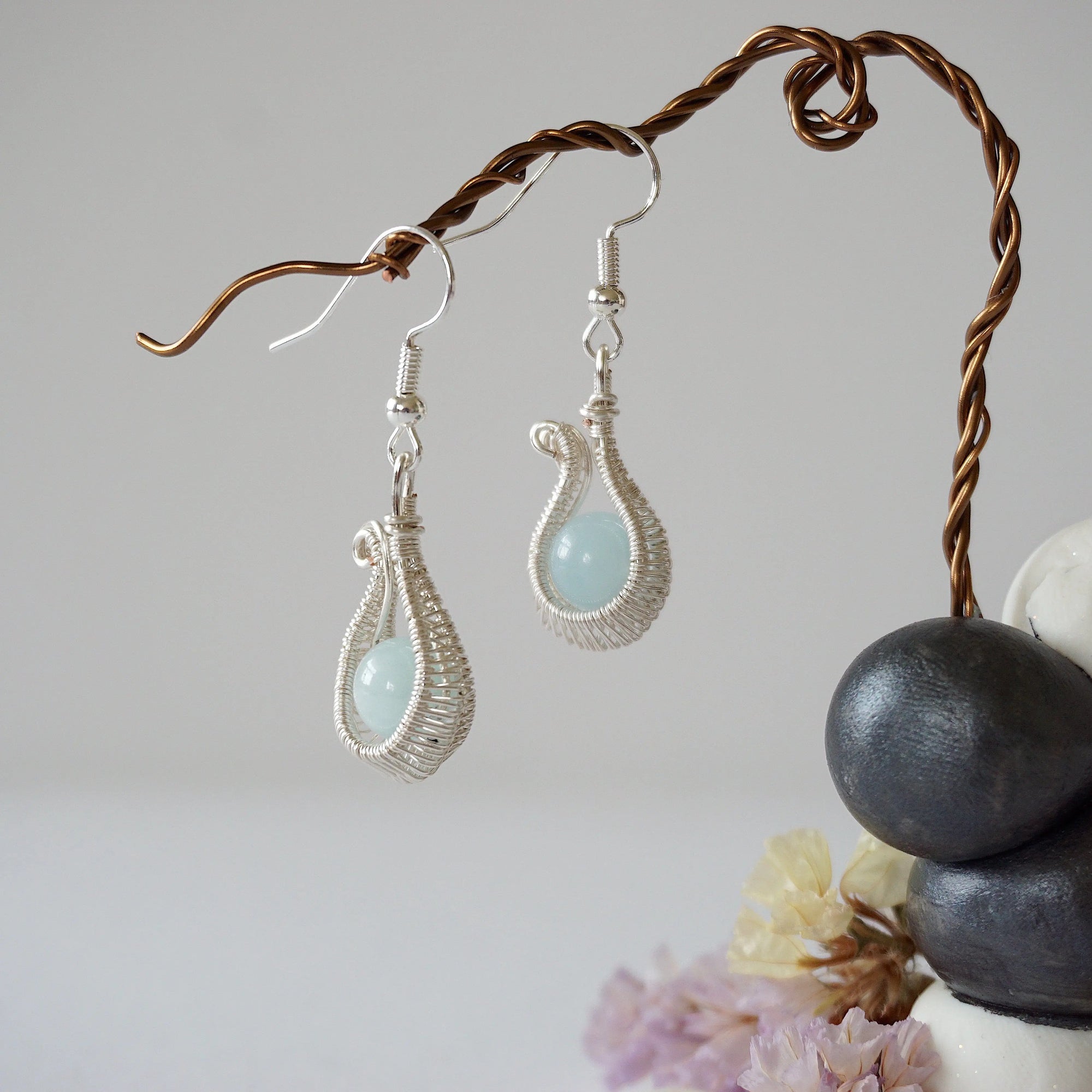 Aquamarine drop earrings with detailed artisan wire wrapping, polished 8mm genuine aquamarine bead, soft silver finish, Designs by Nature Gems