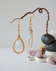 Aquamarine drop earrings with detailed artisan wire wrapping, polished 8mm genuine aquamarine bead, warm gold finish, Designs by Nature Gems