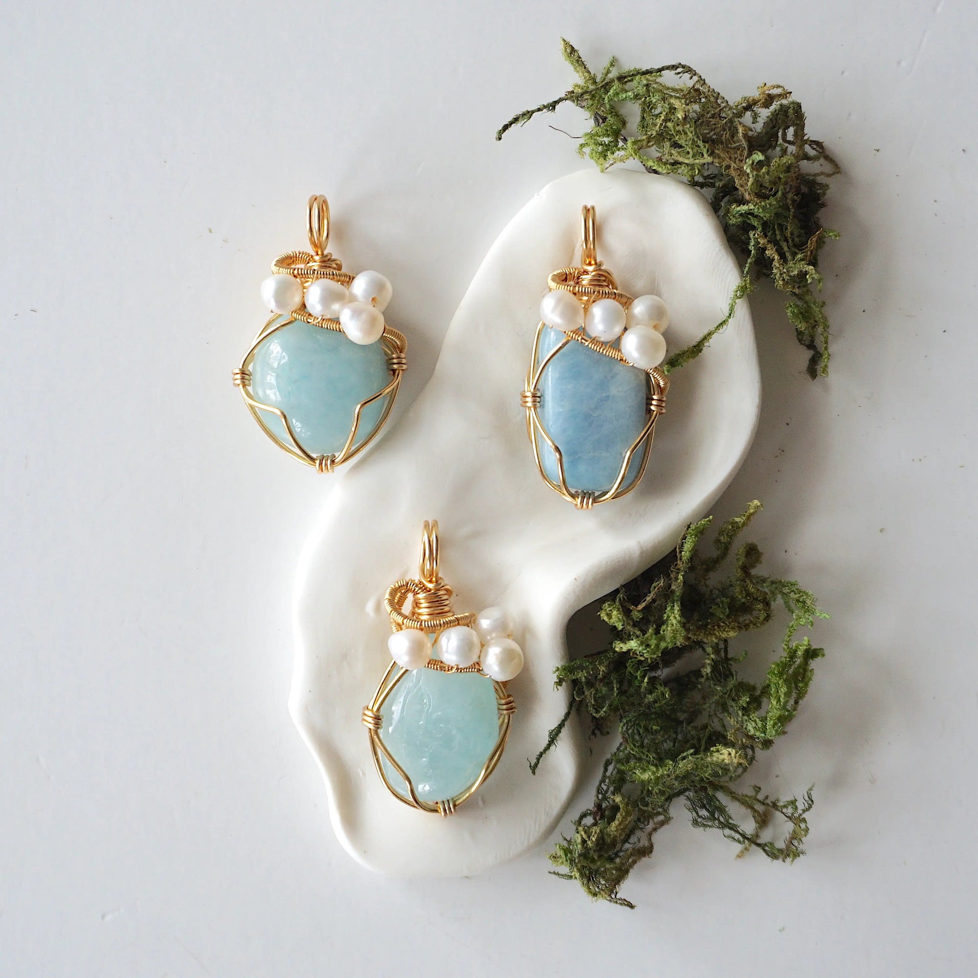 Three different aquamarine and freshwater pearl pendants, natural stone variation reference, handmade jewelry