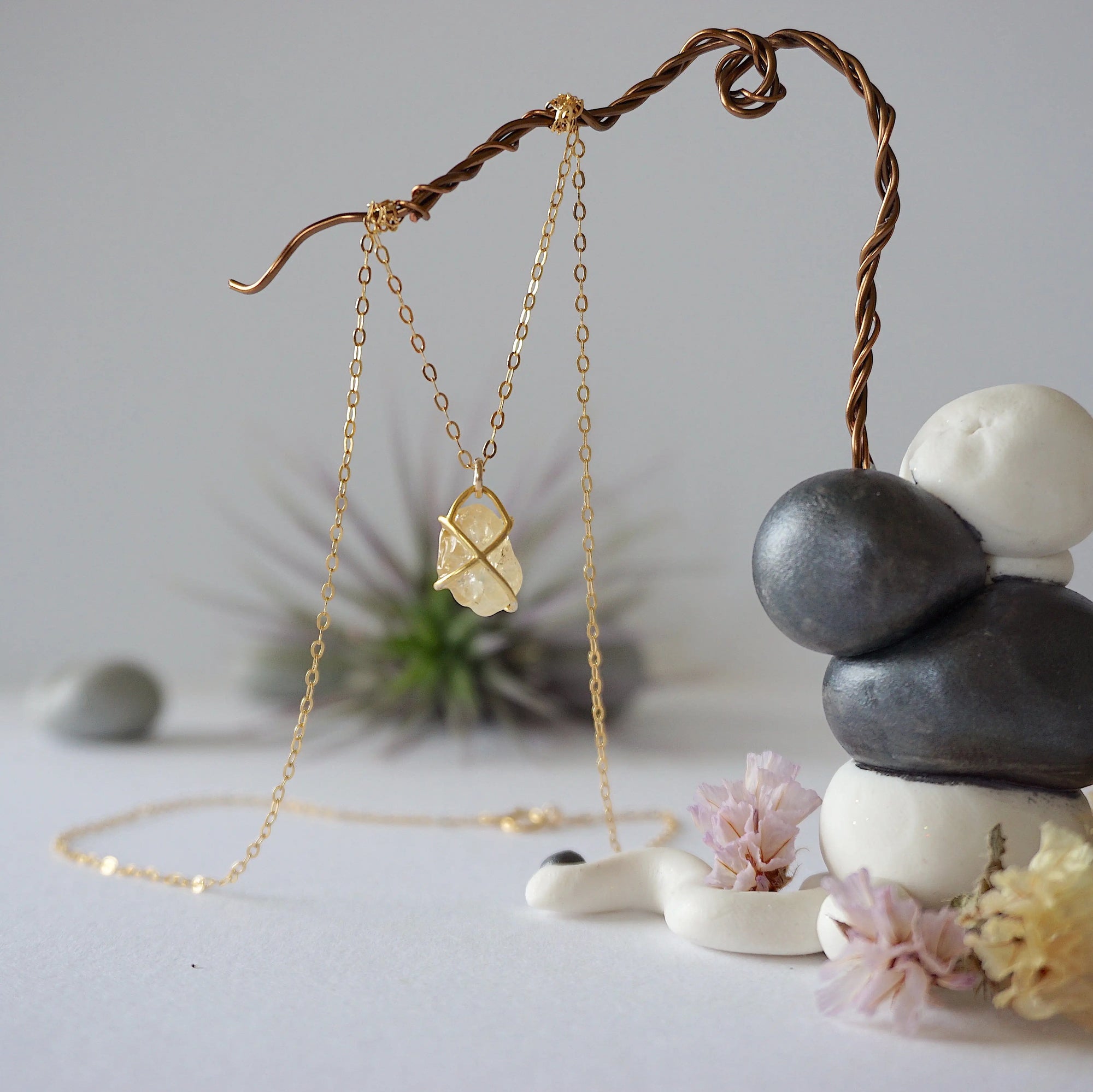 Natural citrine charm necklace full length showing back of pendant - 14k gold-filled wire wrapped crystal complete necklace back view handmade jewelry