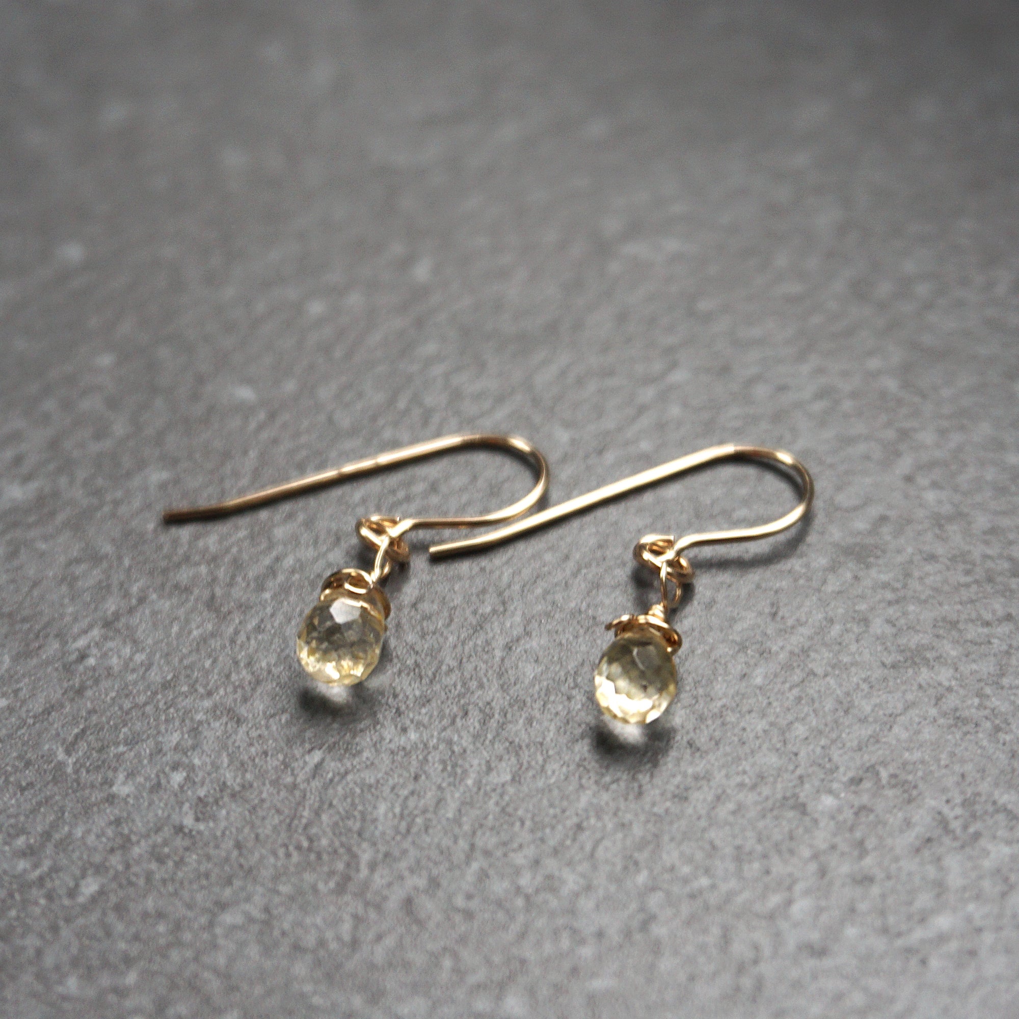 Side view of citrine drop earrings showing wire wrapping detail and crystal dimension - 14k gold filled dangle earrings handmade natural stone jewelry