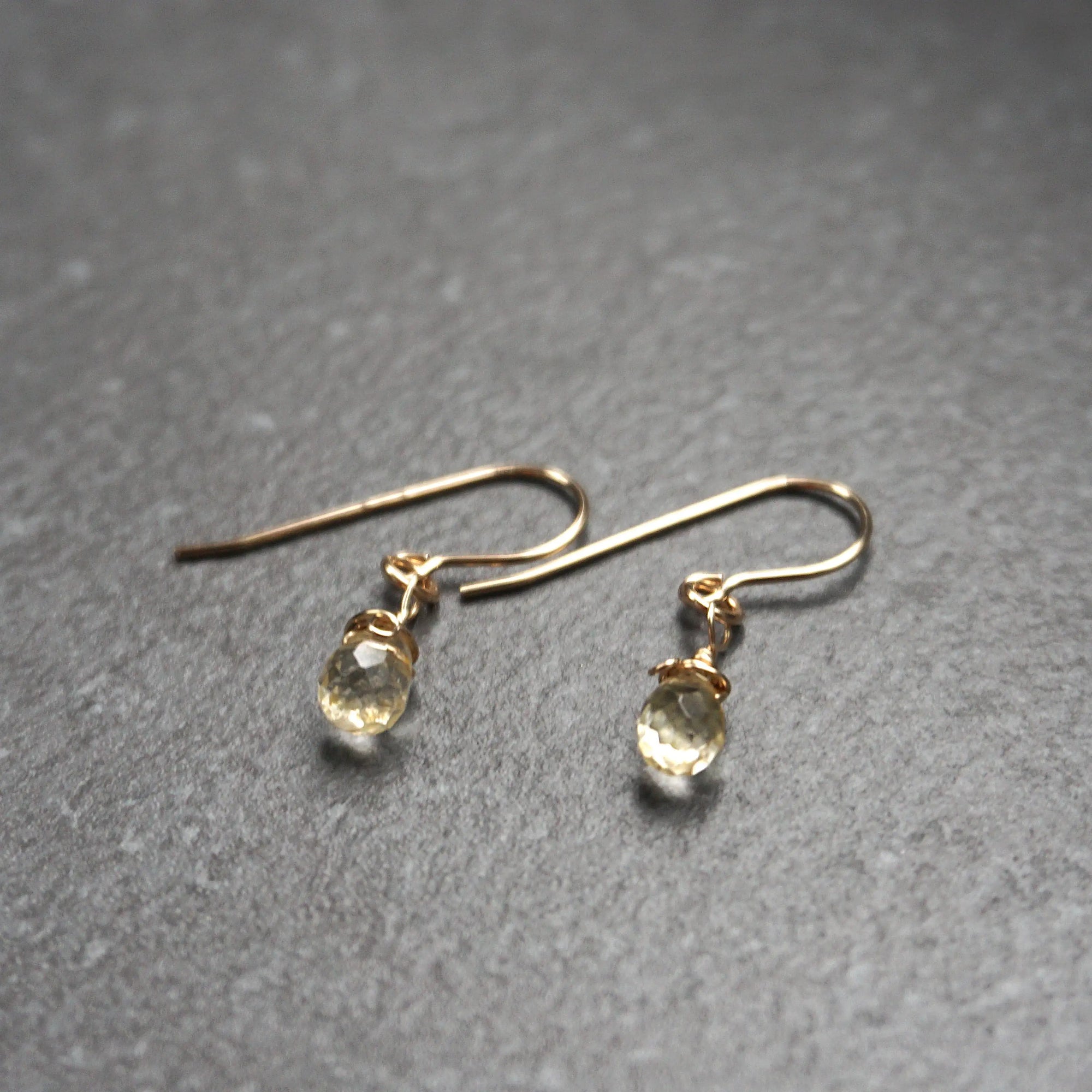 Side view of citrine drop earrings showing wire wrapping detail and crystal dimension - 14k gold filled dangle earrings handmade natural stone jewelry