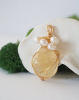 Side view of citrine pearl necklace showing wire wrapping detail and pendant dimension - natural crystal freshwater pearl gold plated handmade jewelry