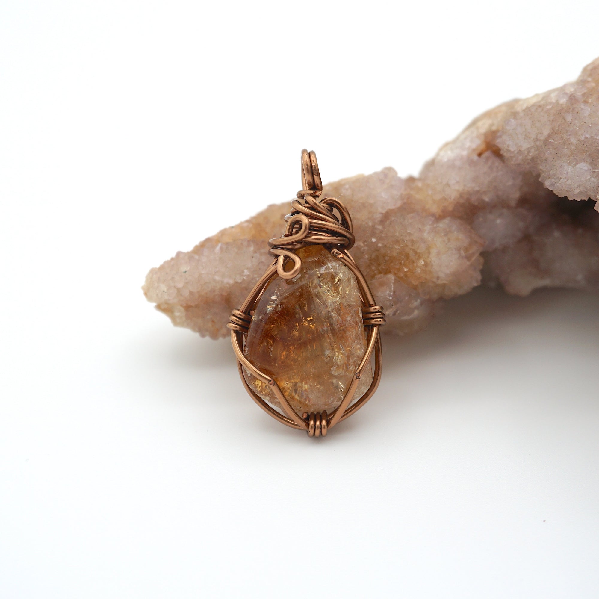 Raw citrine necklace wire wrapped in antique bronze copper on white background - handmade crystal pendant jewelry for women