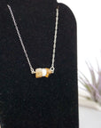 Zoomed right side view of citrine pearl bar pendant showing wire wrapping detail and gemstone arrangement - sterling silver 925 handmade horizontal bar necklace closeup
