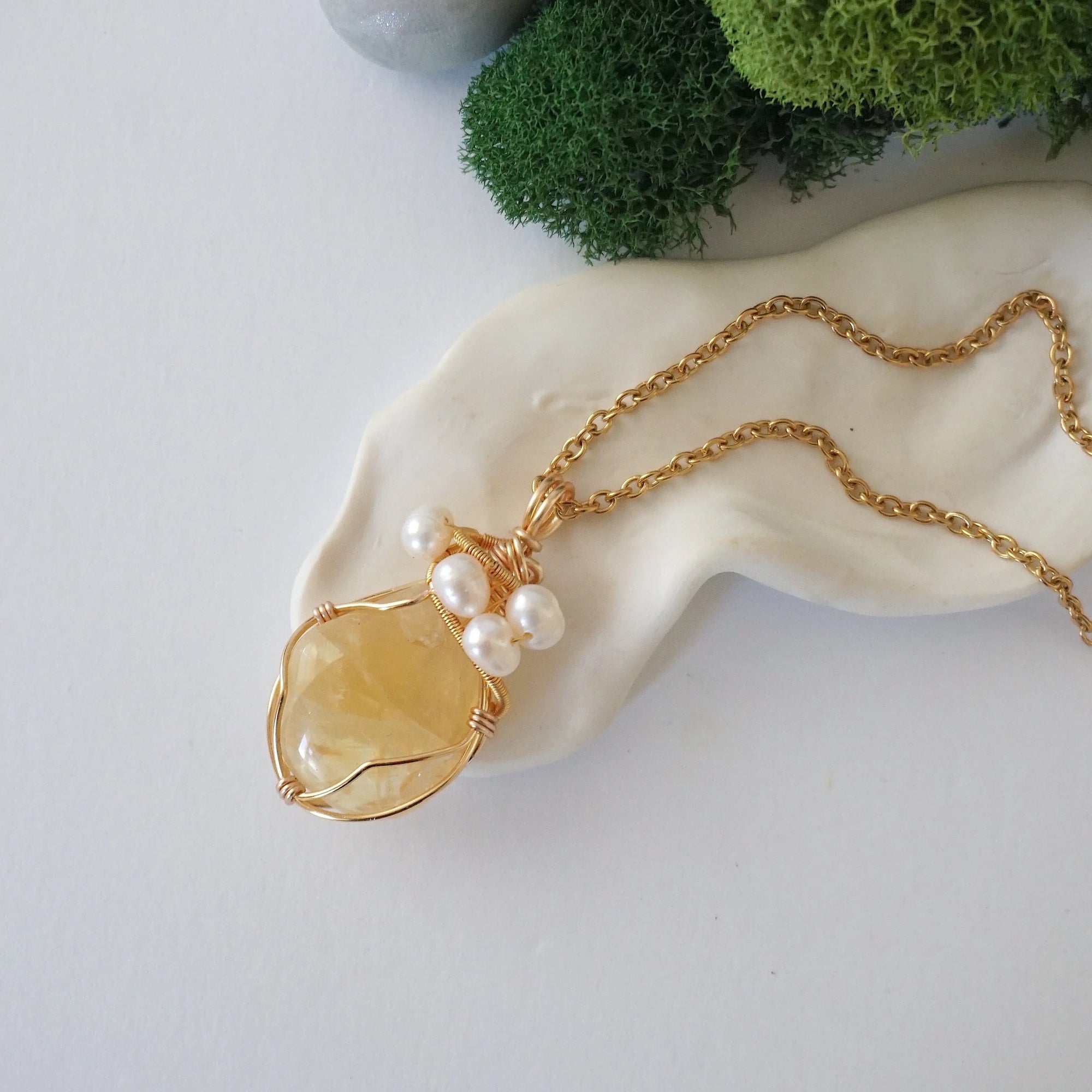 Natural citrine and freshwater pearl pendant on gold plated brass chain - complete wire wrapped crystal pearl necklace ready to wear jewelry