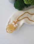 Natural citrine and freshwater pearl pendant on gold plated brass chain - complete wire wrapped crystal pearl necklace ready to wear jewelry