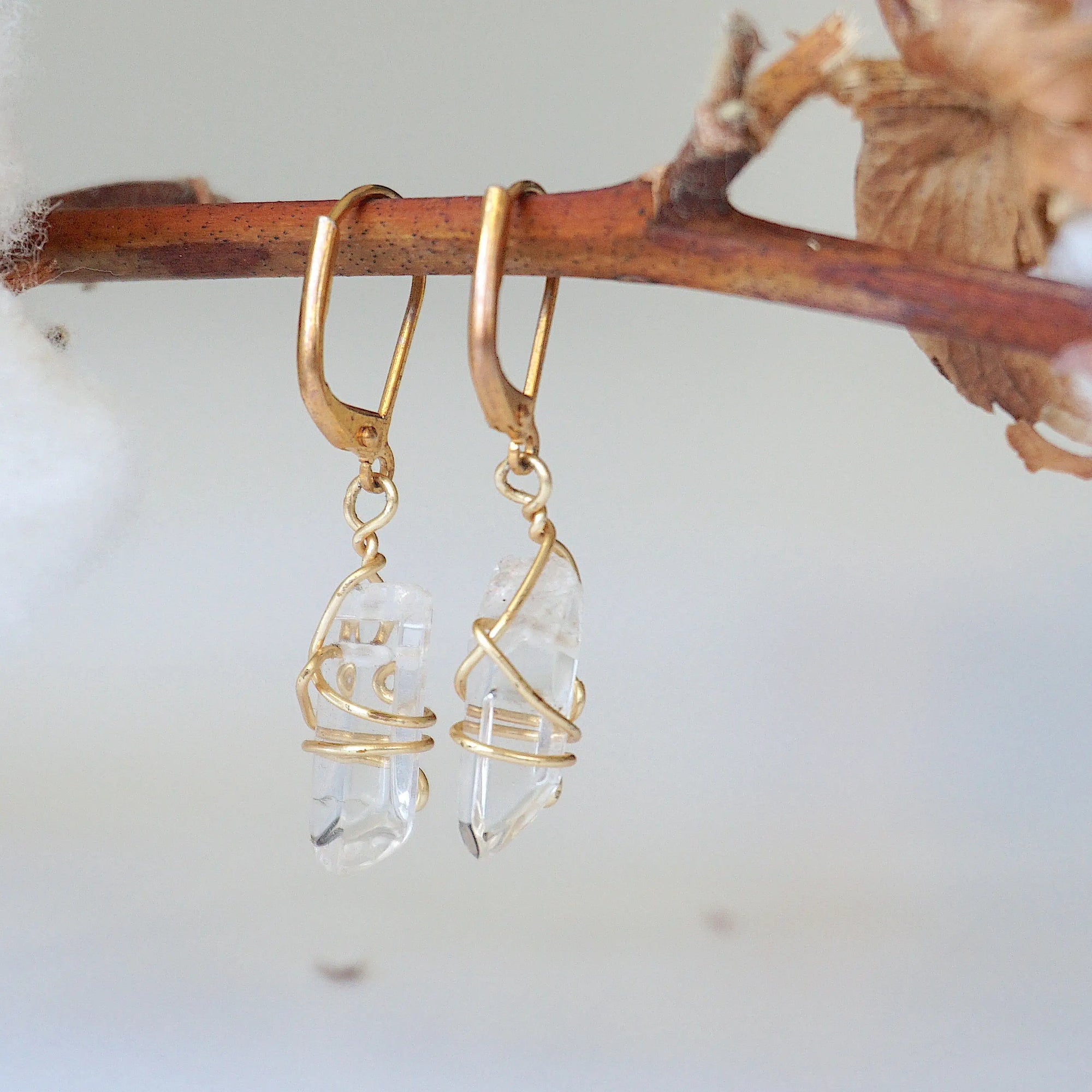 Clear Quartz (Rock Crystal) Drop Earrings - 14k Gold Plated Designs by Nature Gems