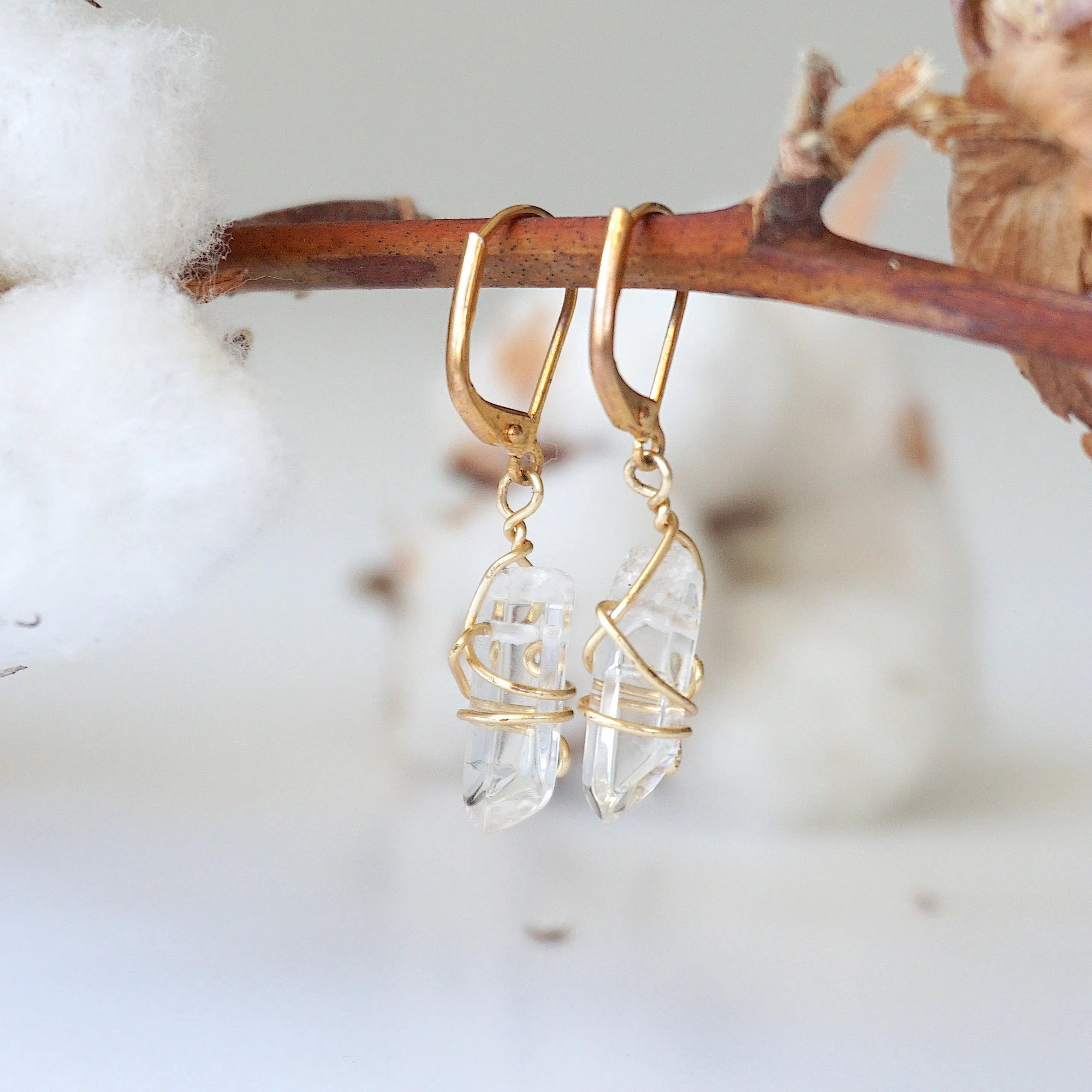 Clear Quartz (Rock Crystal) Drop Earrings - 14k Gold Plated Designs by Nature Gems