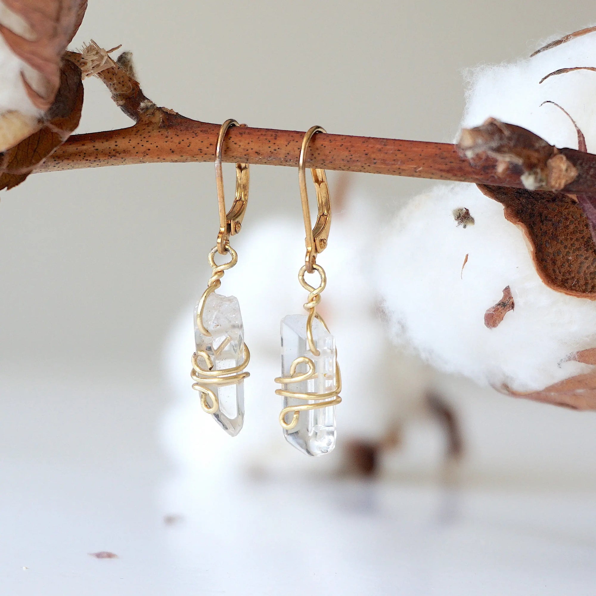 Clear Quartz (Rock Crystal) Drop Earrings - 14k Gold Plated Designs by Nature Gems