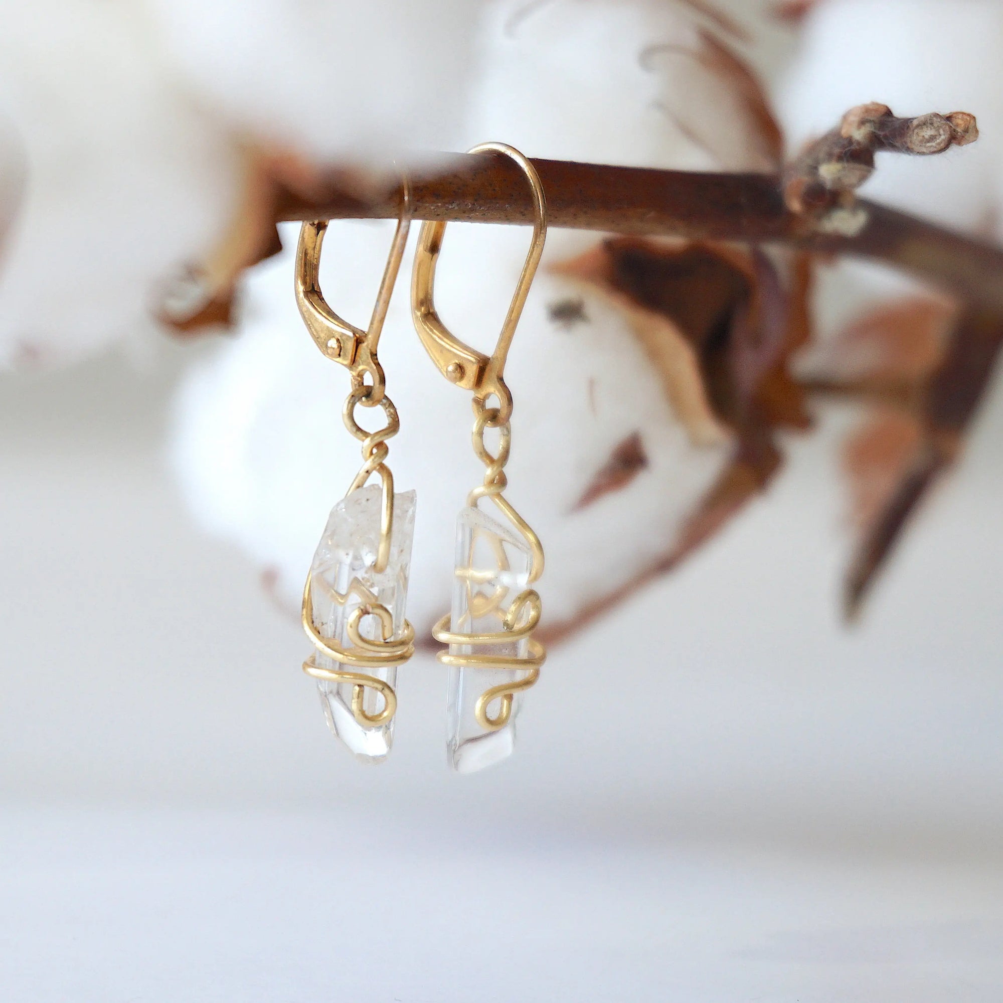 Clear Quartz (Rock Crystal) Drop Earrings - 14k Gold Plated Designs by Nature Gems