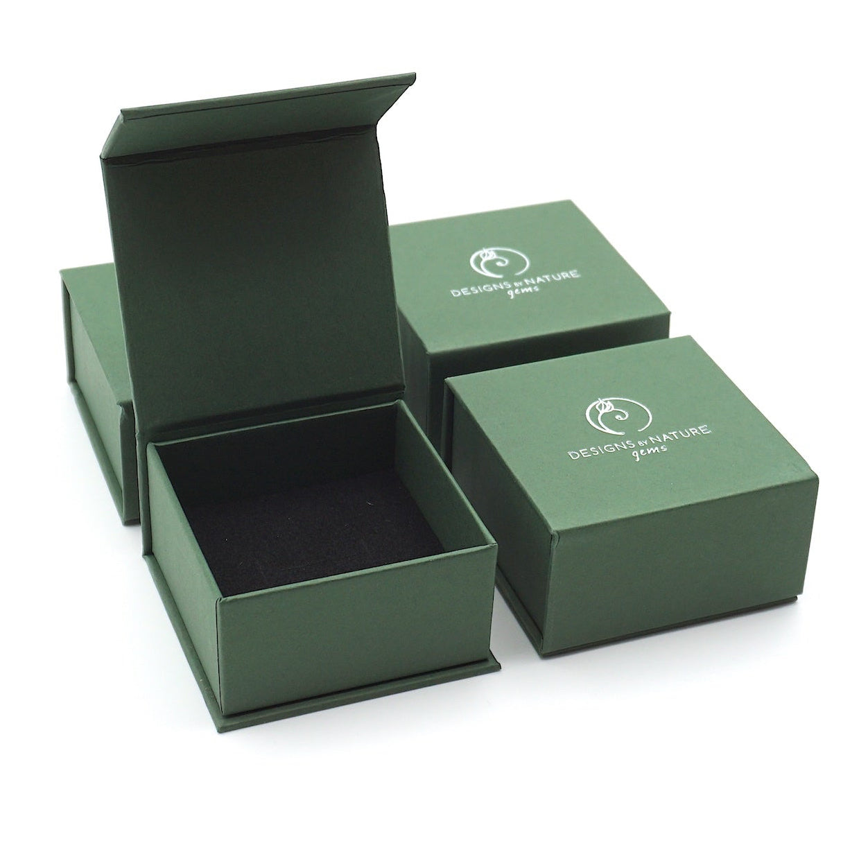 Designs by Nature Gems branded jewelry box packaging for adjustable raw rainbow moonstone ring in 925 sterling silver, gift-ready.