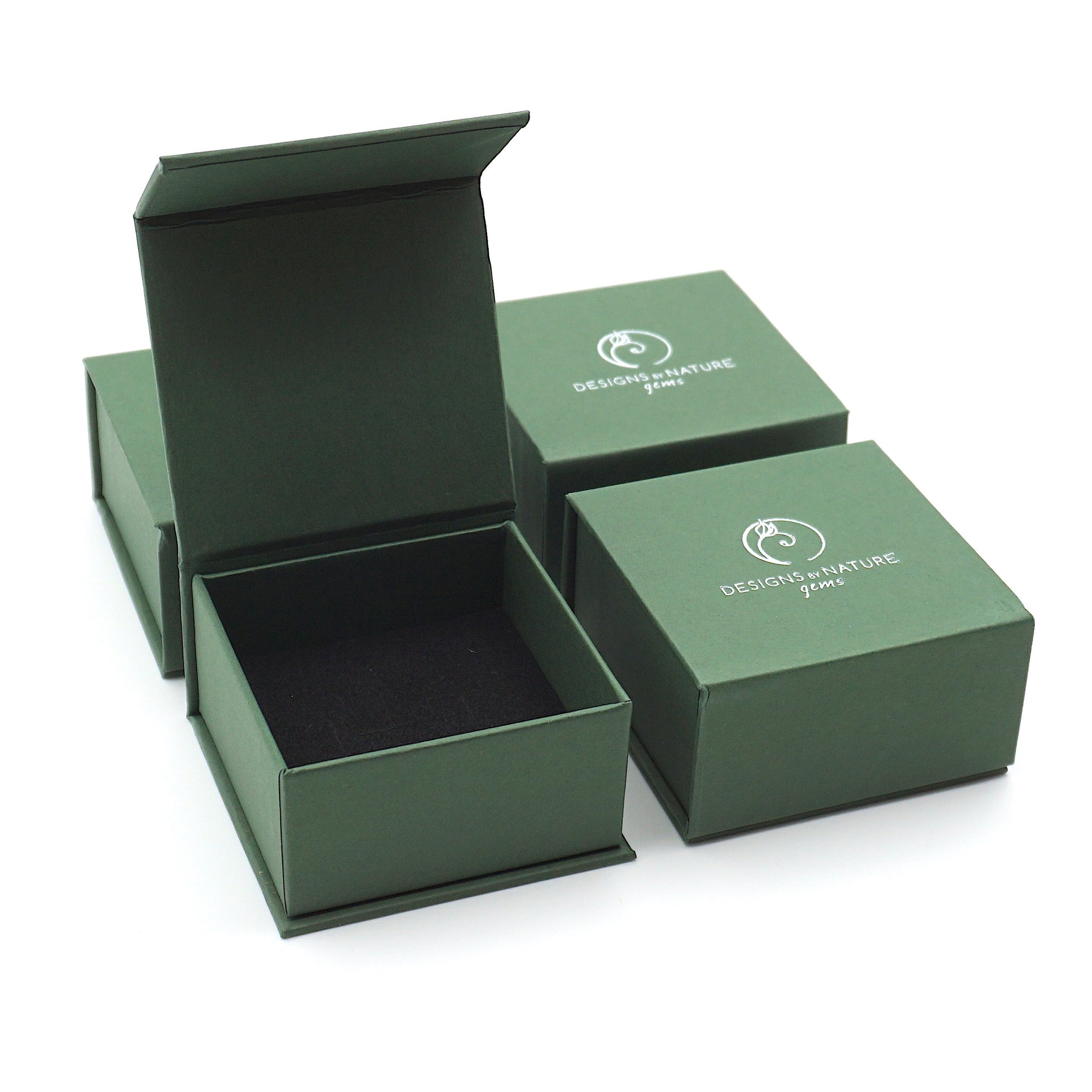 Designs by Nature Gems jewelry box packaging for handcrafted emerald moon necklace for women