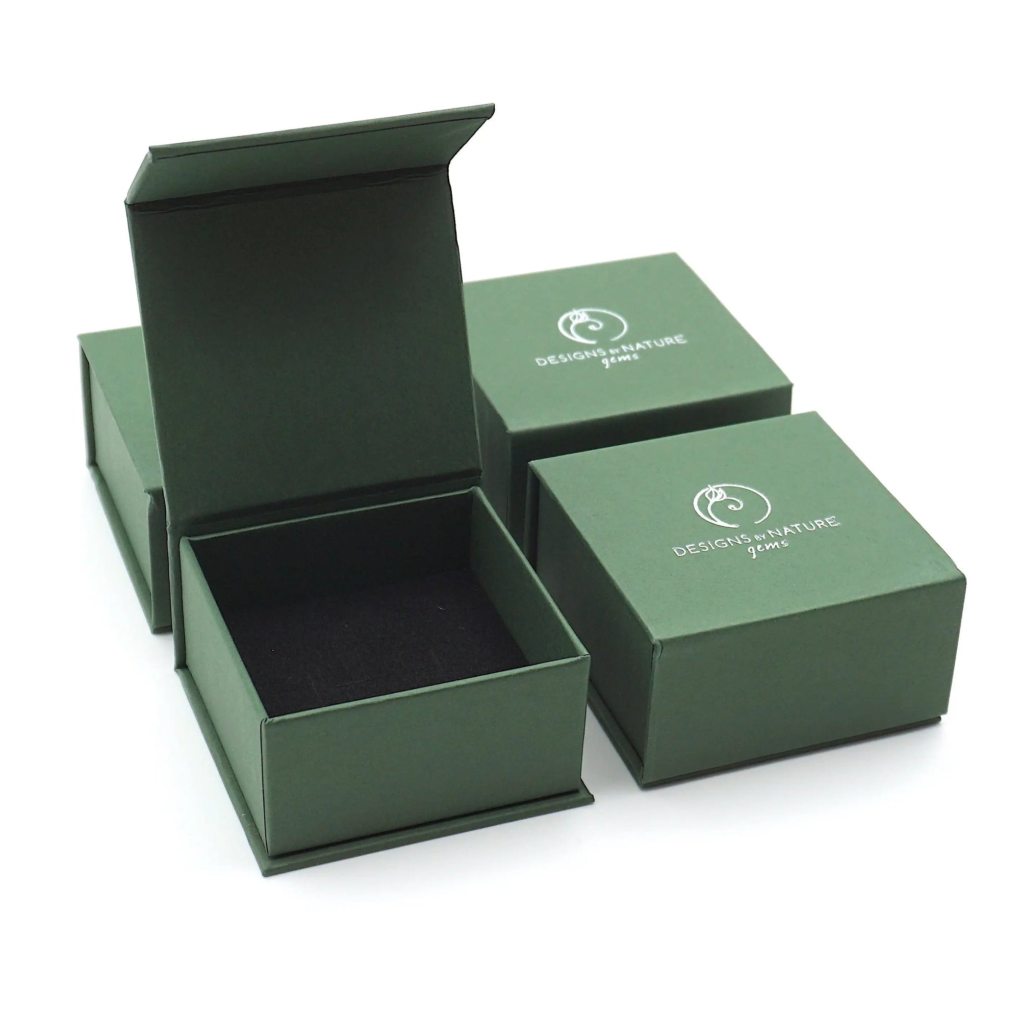 Designs by Nature Gems jewelry box packaging for handcrafted emerald moon necklace for women