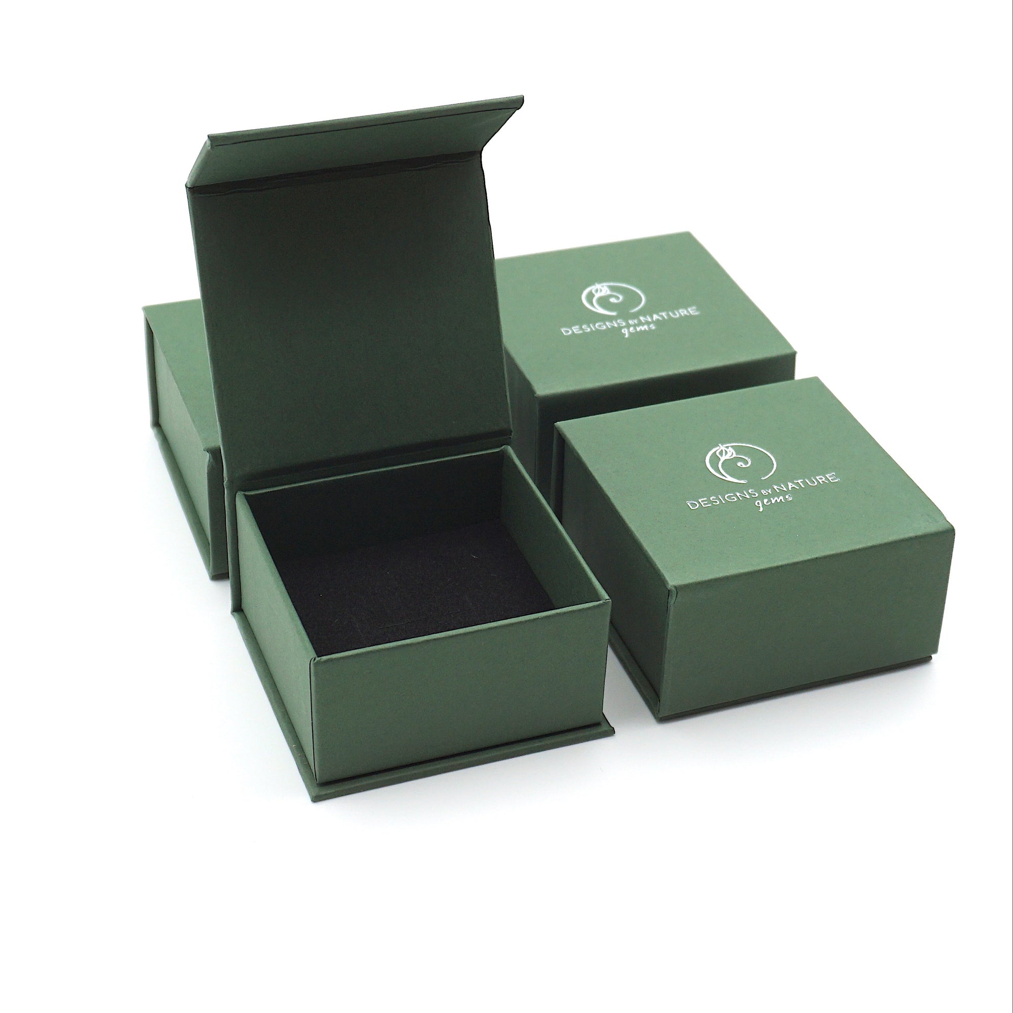 Designs by Nature Gems branded jewelry box packaging for natural garnet stud earrings, earrings not shown