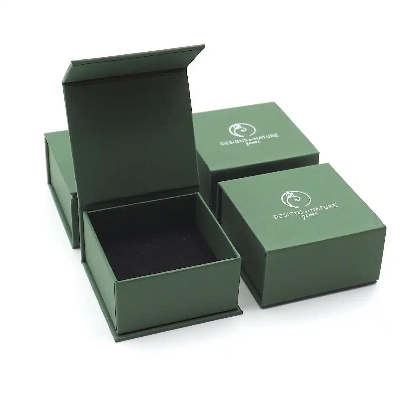 Designs by Nature Gems branded jewelry box packaging for adjustable raw Herkimer diamond ring in 14k gold vermeil.