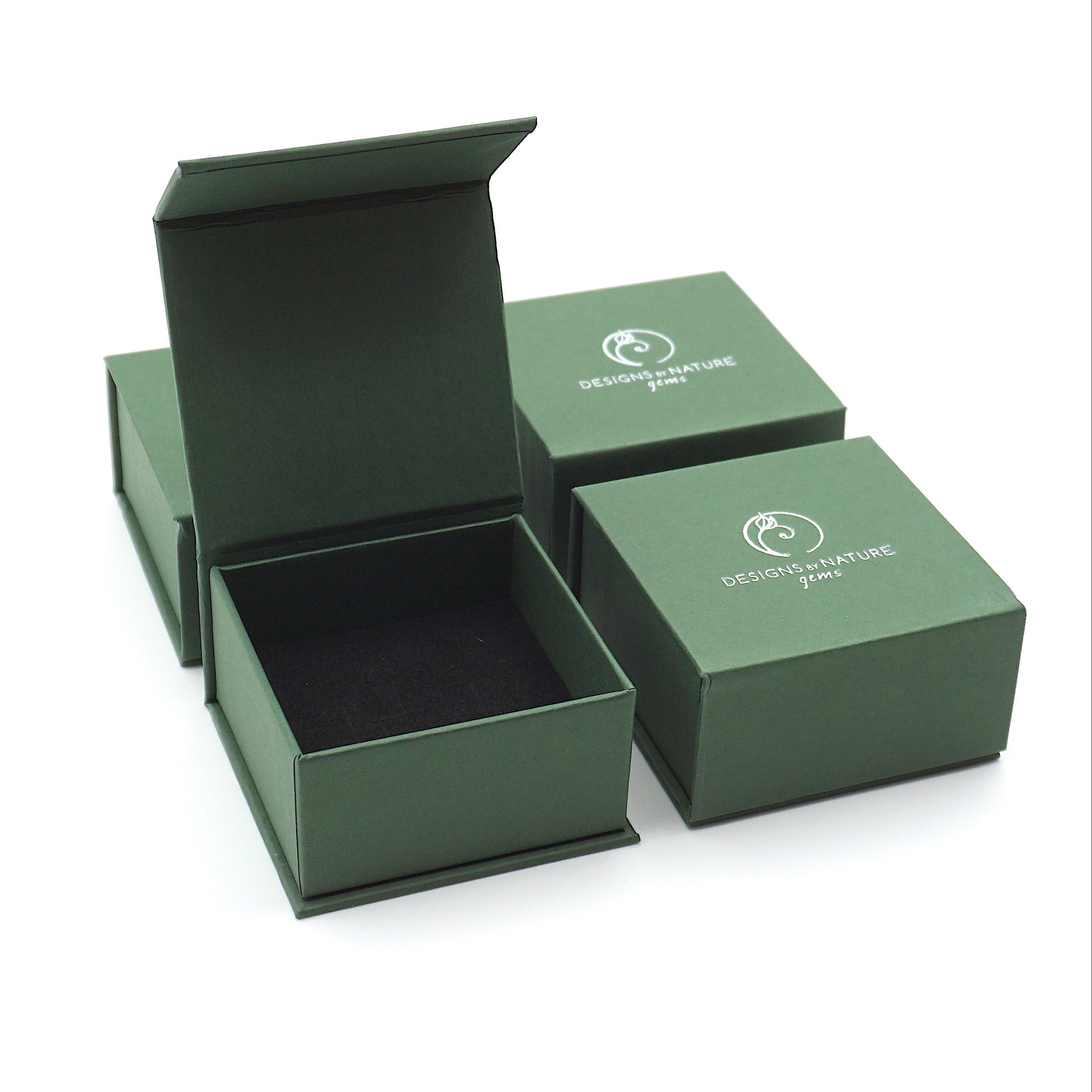 Branded Designs by Nature Gems jewelry box packaging for minimalist emerald necklace in gold vermeil.