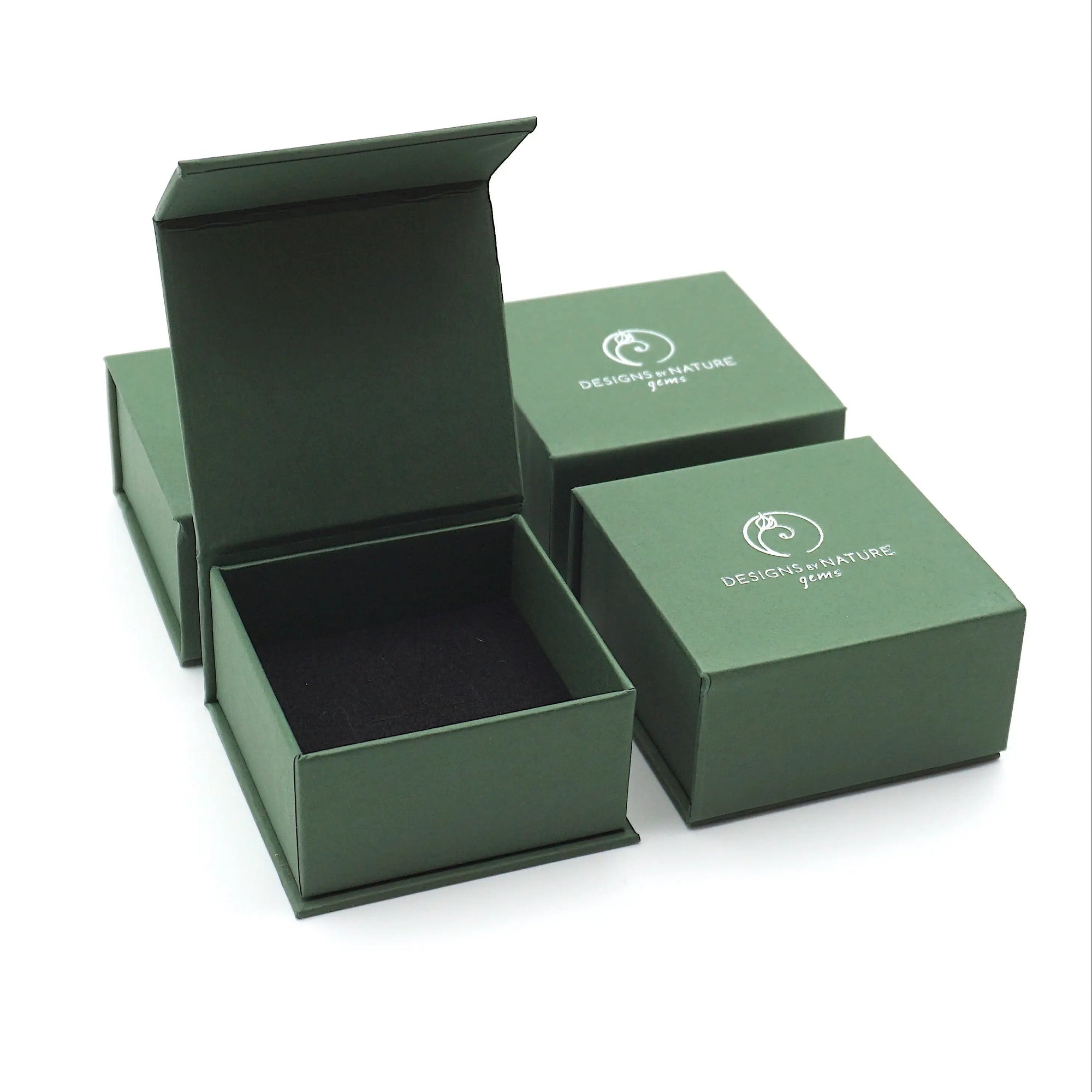 Branded Designs by Nature Gems jewelry box packaging for minimalist emerald necklace in gold vermeil.