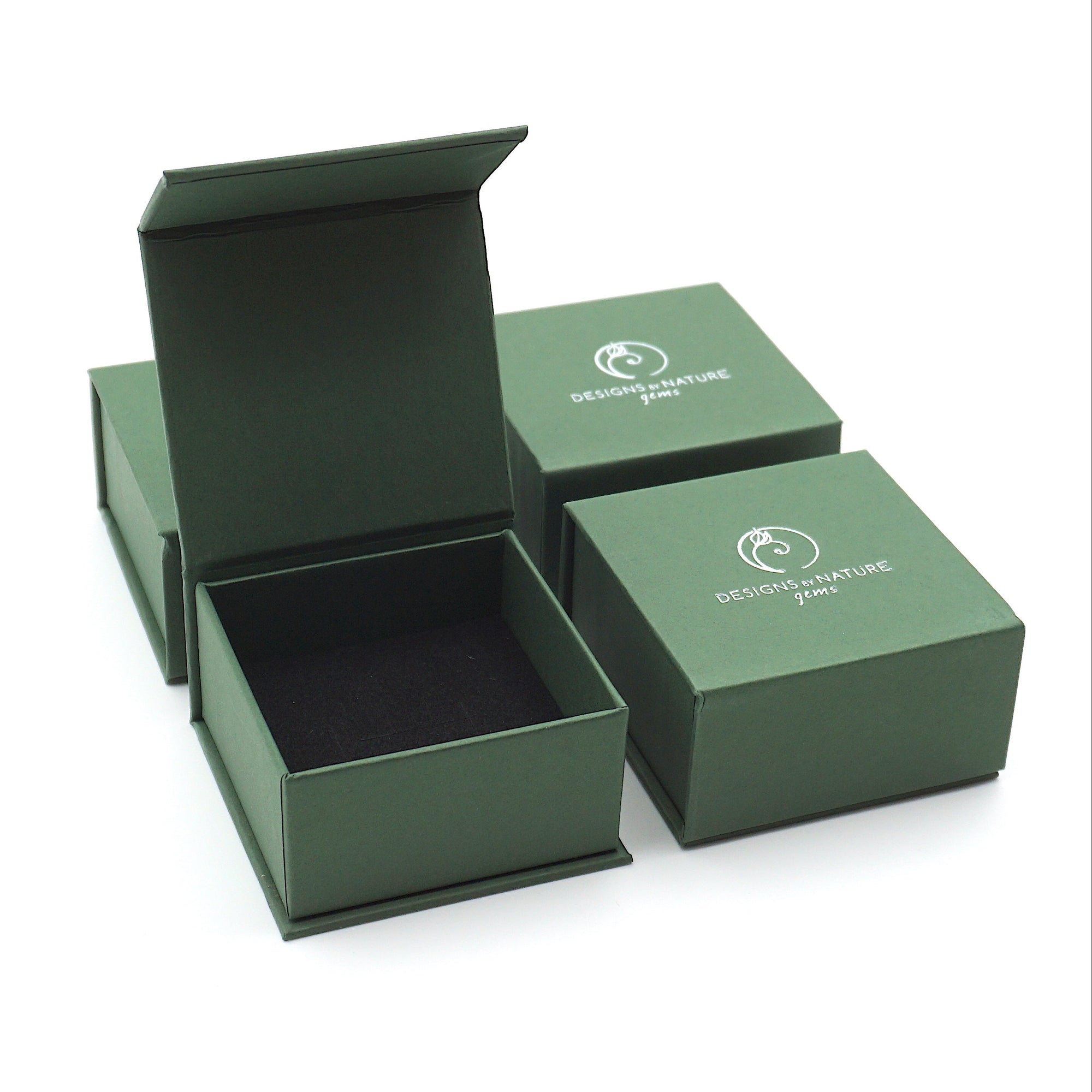 Designs by Nature Gems branded jewelry box packaging for amethyst stud earrings, natural dark amethyst stones, sterling silver posts