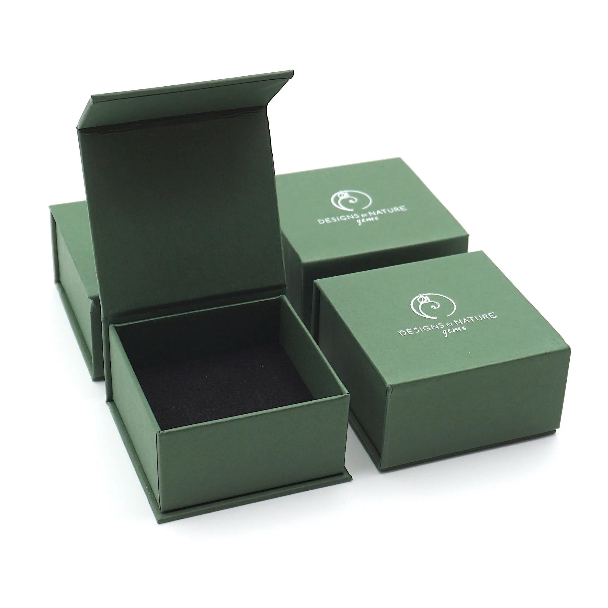 Designs by Nature Gems branded jewelry box packaging for amethyst stud earrings, natural dark amethyst stones, sterling silver posts