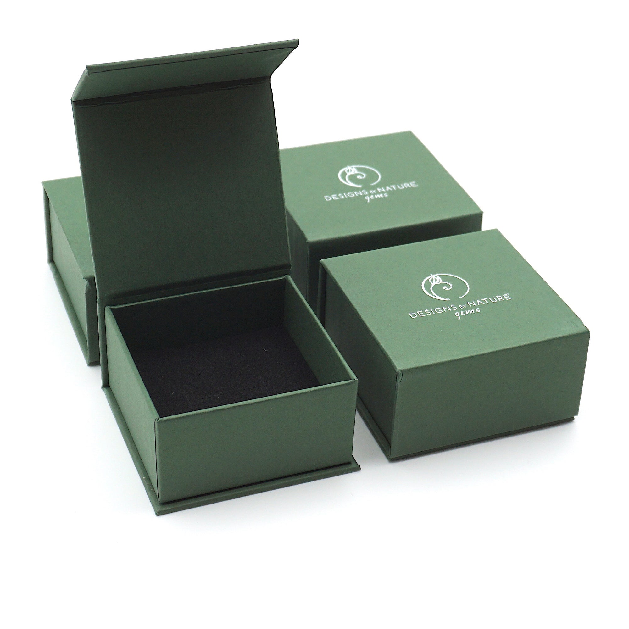 Designs by Nature Gems branded jewelry box packaging for minimalist amethyst necklace, gold plated copper wire wrapped raw amethyst pendant